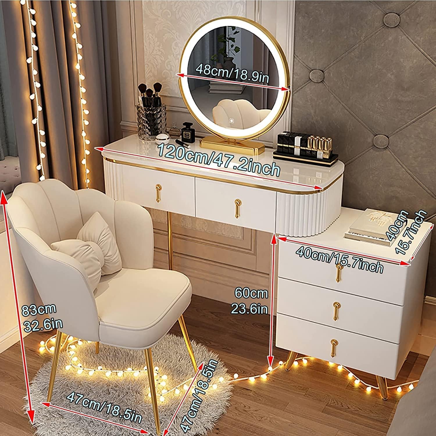 Amazon.com: Gold Vanity Desk with Stainless Steel Legs Cushioned Stool &  Side Cabinet - Elegant White Dressing Table Set for Home Makeup & Beauty  Essentials : Home & Kitchen