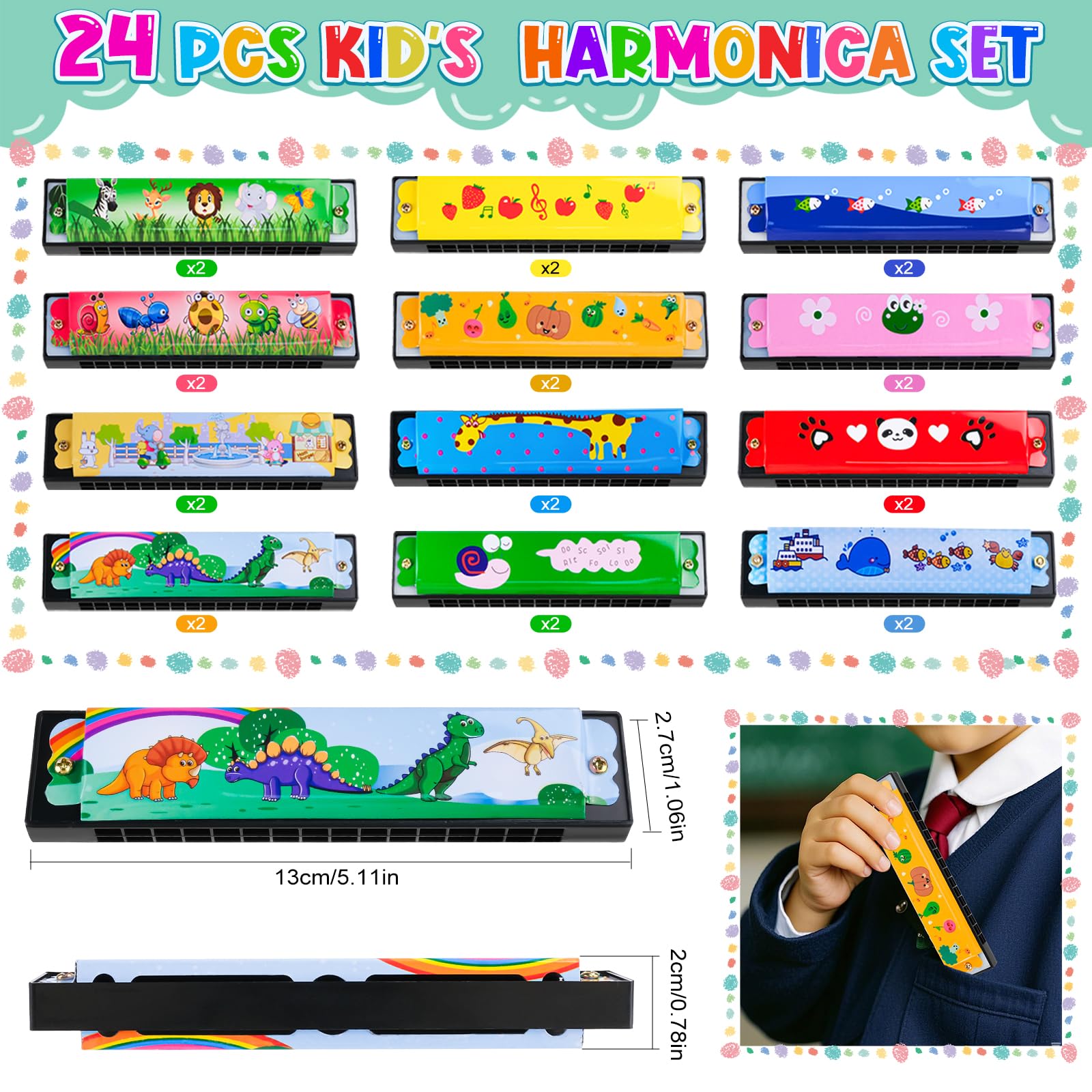 24 Pièces Harmonica pour Enfants, 16 Trous Double Rangée Débutant, Jouet Harmonica pour Débutants, Étudiants, Cadeaux
