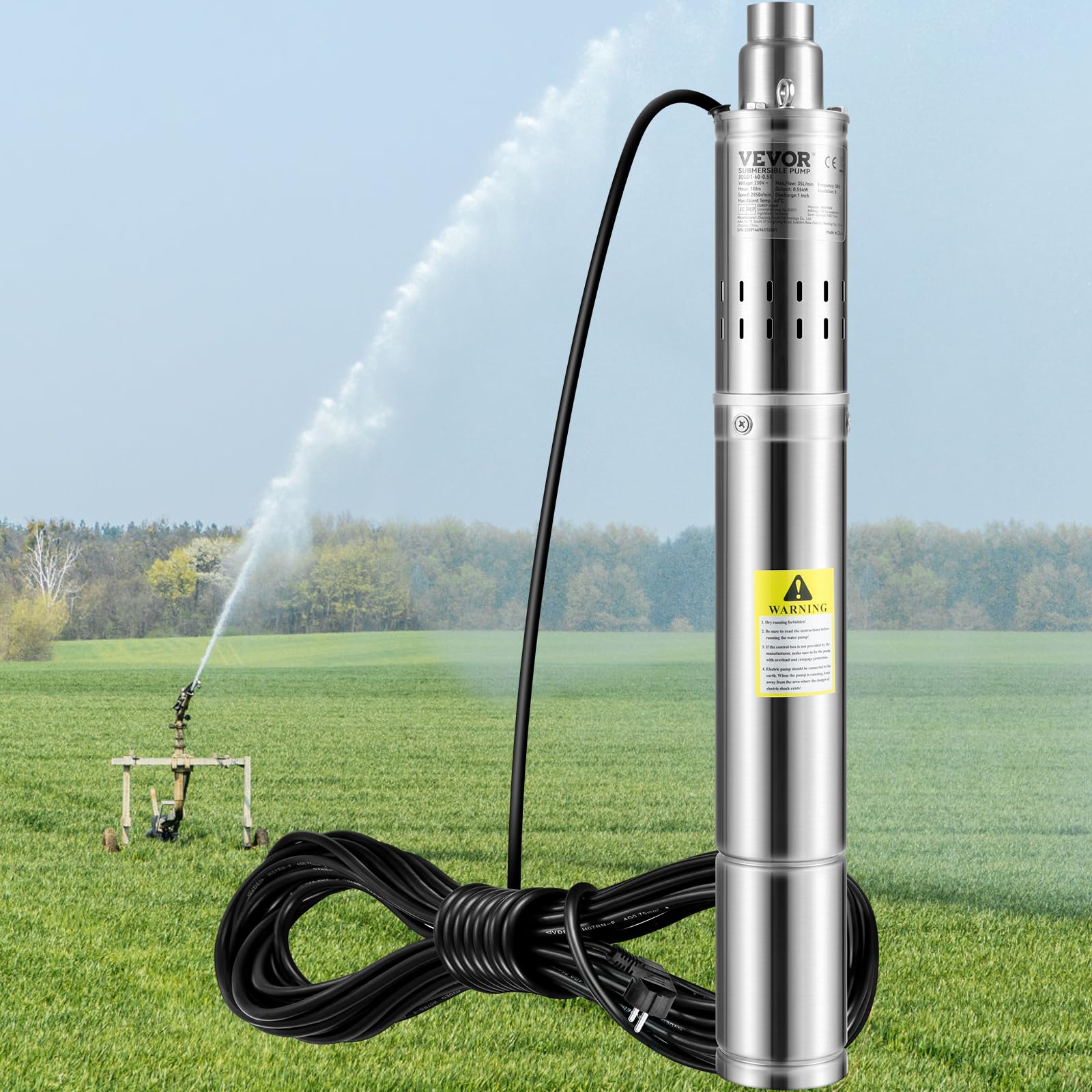 VEVOR Pompa zatapialna 550 W Przepływ 35 l/min do basenu ogrodowego ogrodu ze stali nierdzewnej, pompa głębinowa do głębinowych studni 230 V maks. wysokość tłoczenia 108 m, pompa zatapialna