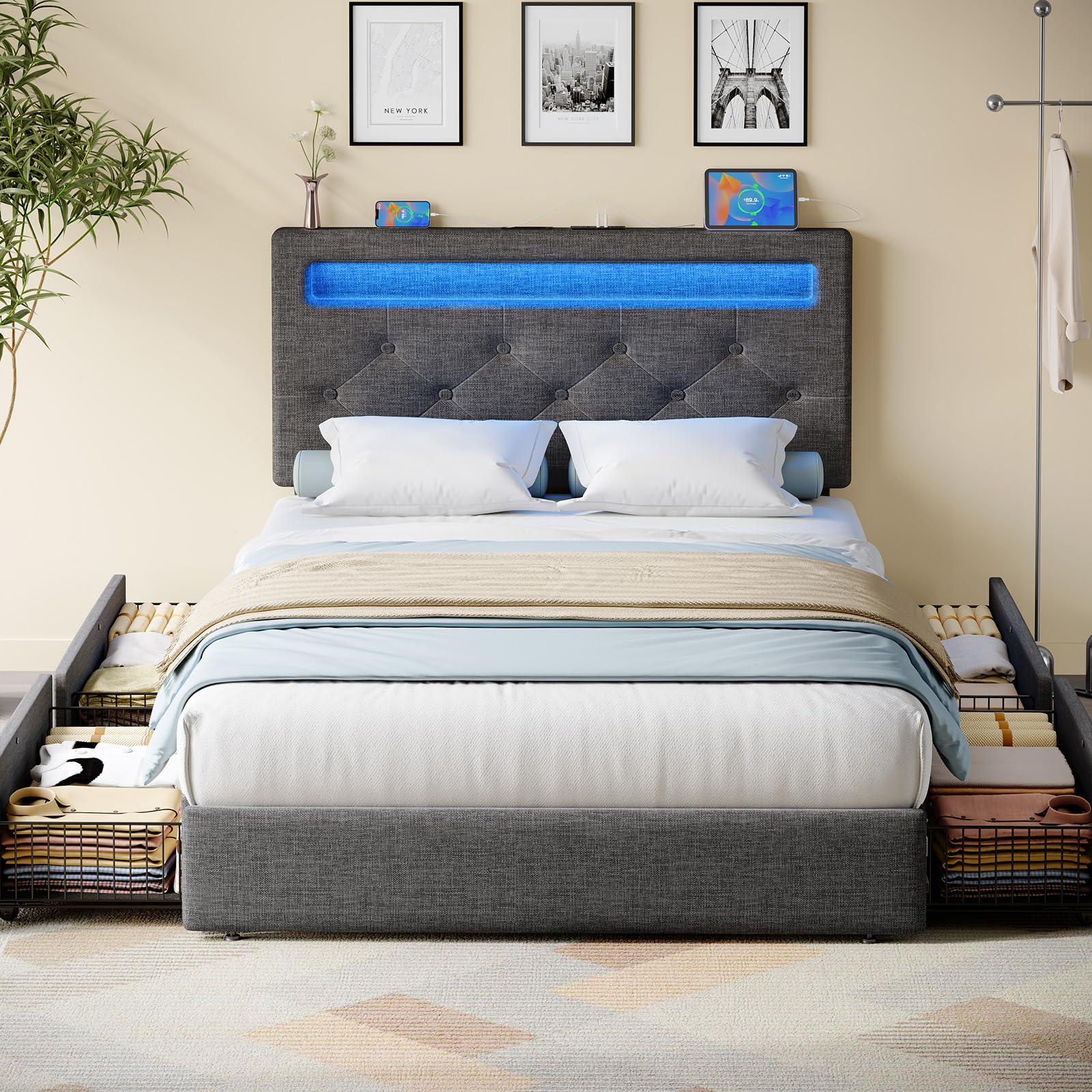 Rolanstar Twin Bed Frame with 4 Storage Drawers and Charging Station,Twin Bed with Led Lights, 2 USB & 1 Type C, Adjustable Headboard 38.9/40.8 Inches