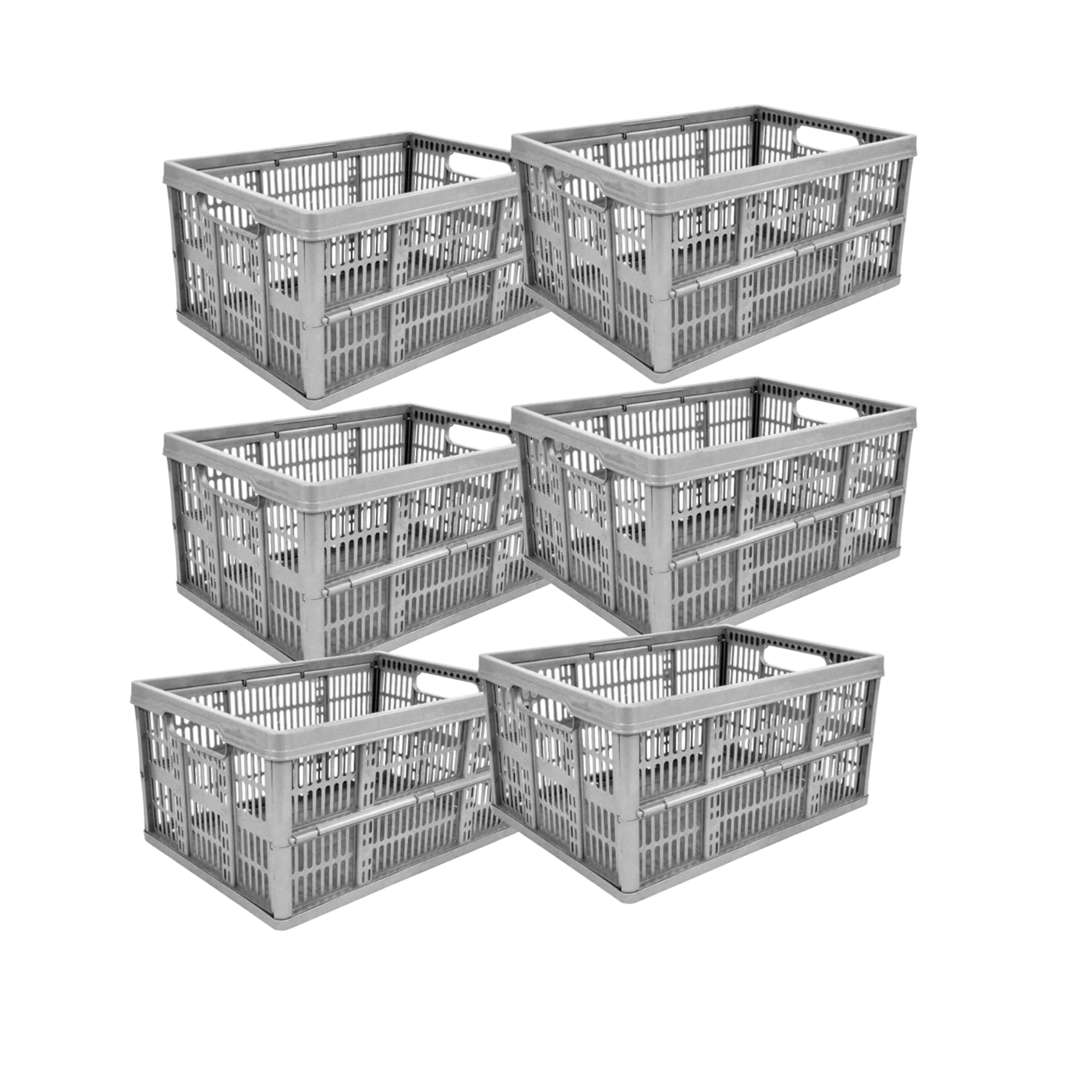 Neat. 32L Foldable Stackable Plastic Storage Crate Container – Collapsible & Portable Multi-Use Basket for Fruits, Vegetables & Books – Silver, Pack of 6 (47cm x 35cm x 23.5cm)