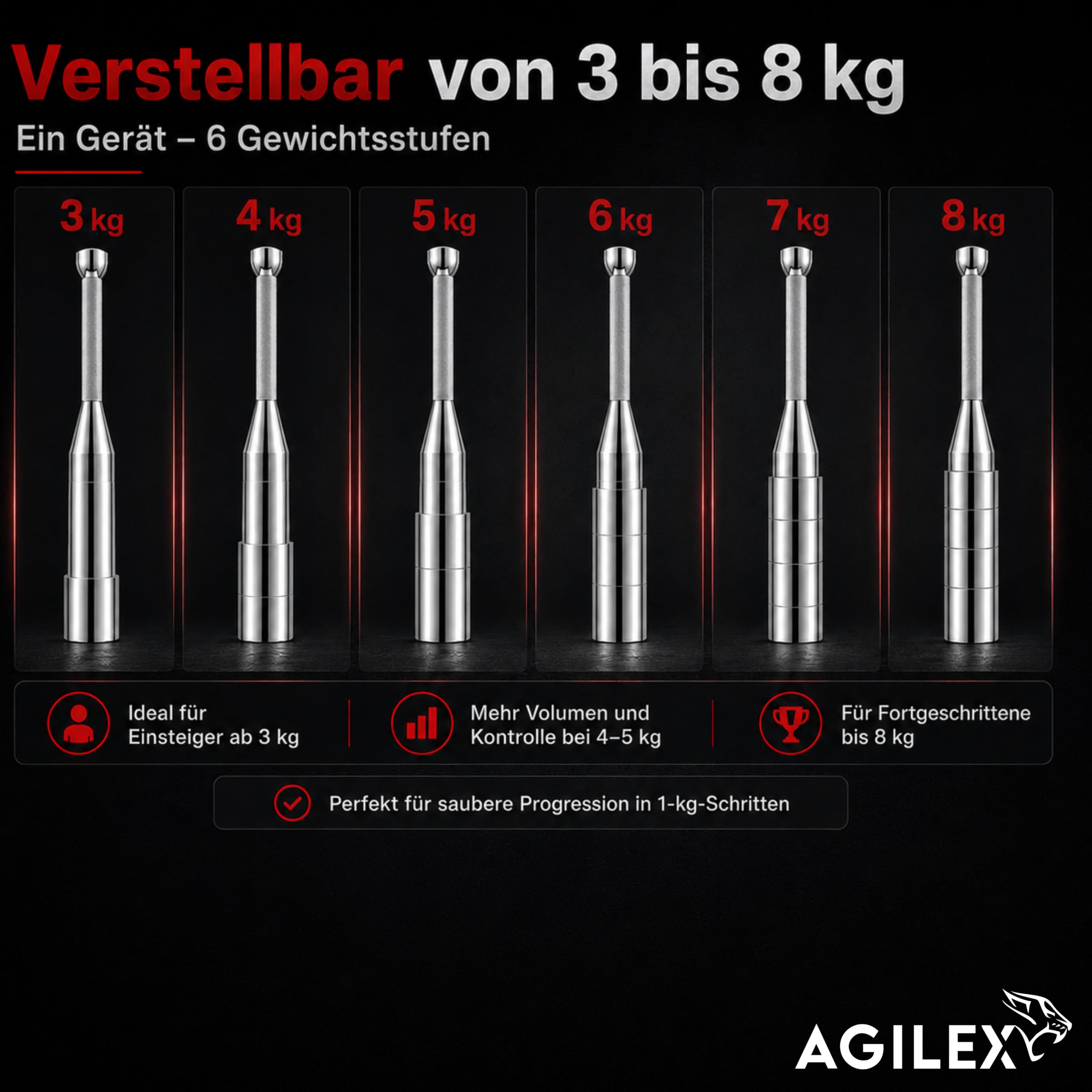 AGILEX verstellbare Indian Clubbell/Macebell 3–8 kg aus Stahl