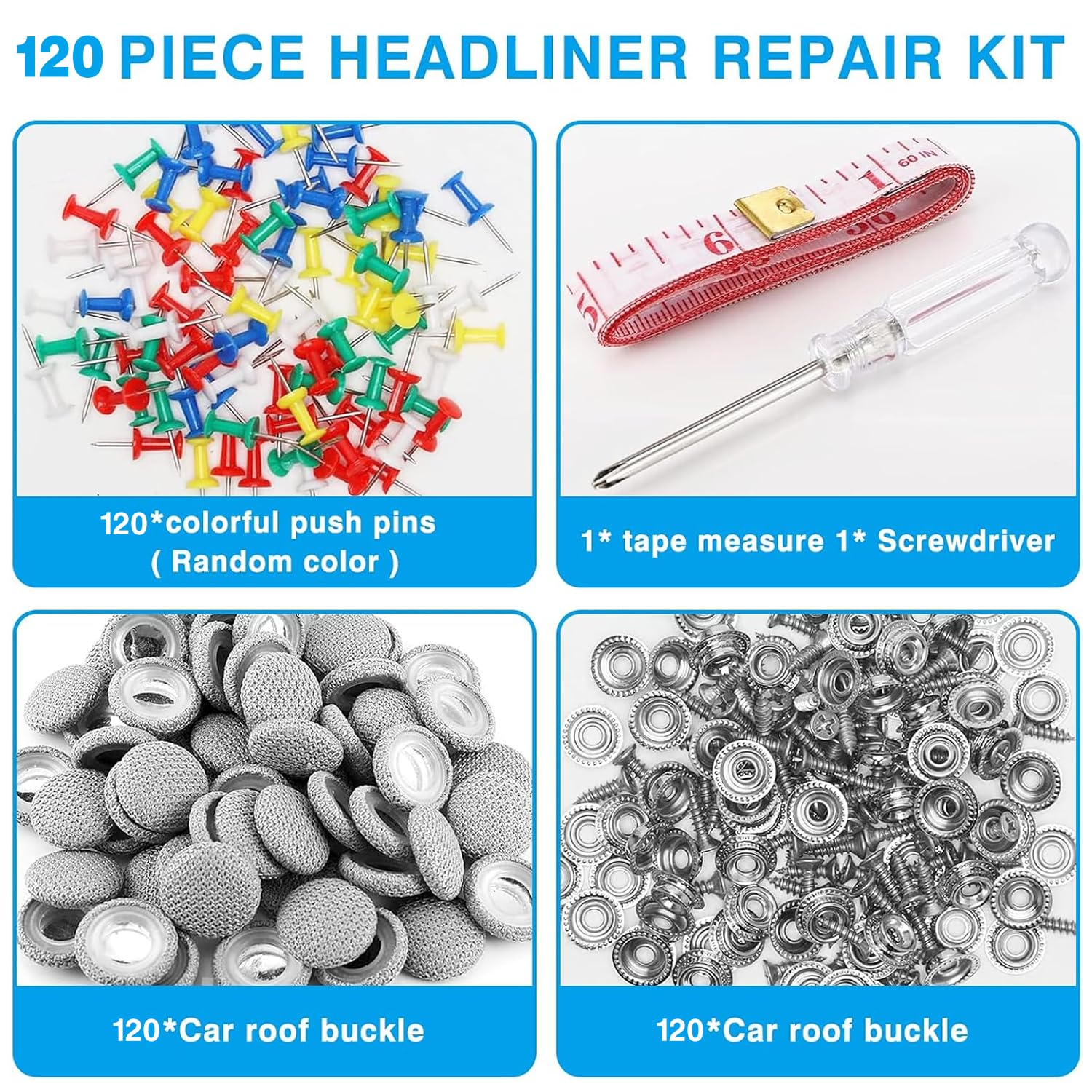 65 stuks dakhemelreparatieset, auto reparatie klinknagels, auto dak klinknagels, auto dakhemel reparatie, auto dakhemel reparatie knop, met spelden, schroevendraaier, meetlint voor alle auto's, grijs