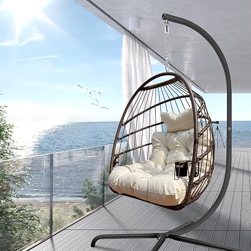 JESE Silla columpio con soporte de mimbre, resistente a los rayos UV, impermeable, sillas colgantes con soporte para tazas, capacidad de 350 libras,