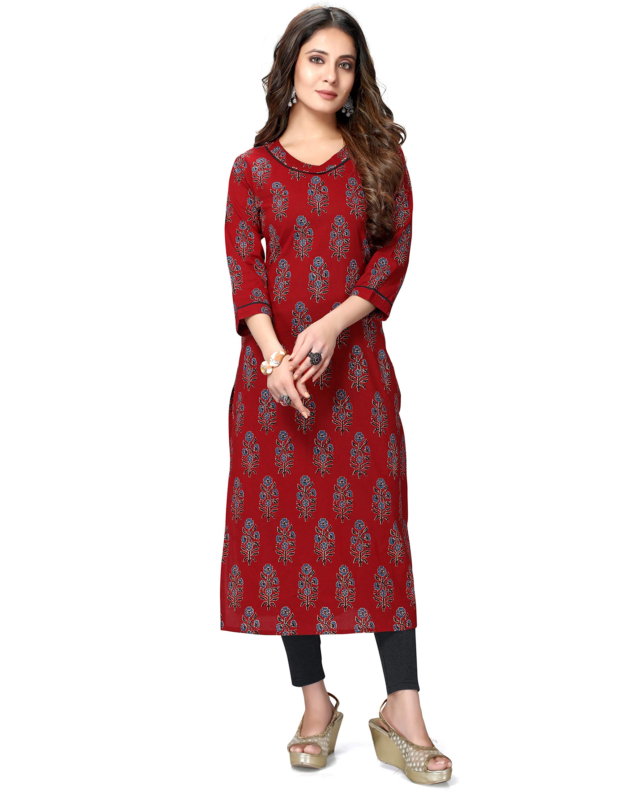 DressBerry Women's Pure Cotton Straight Fit Straight Cambric Jaipuri Printed Kurti (Jopljpr43) in multi