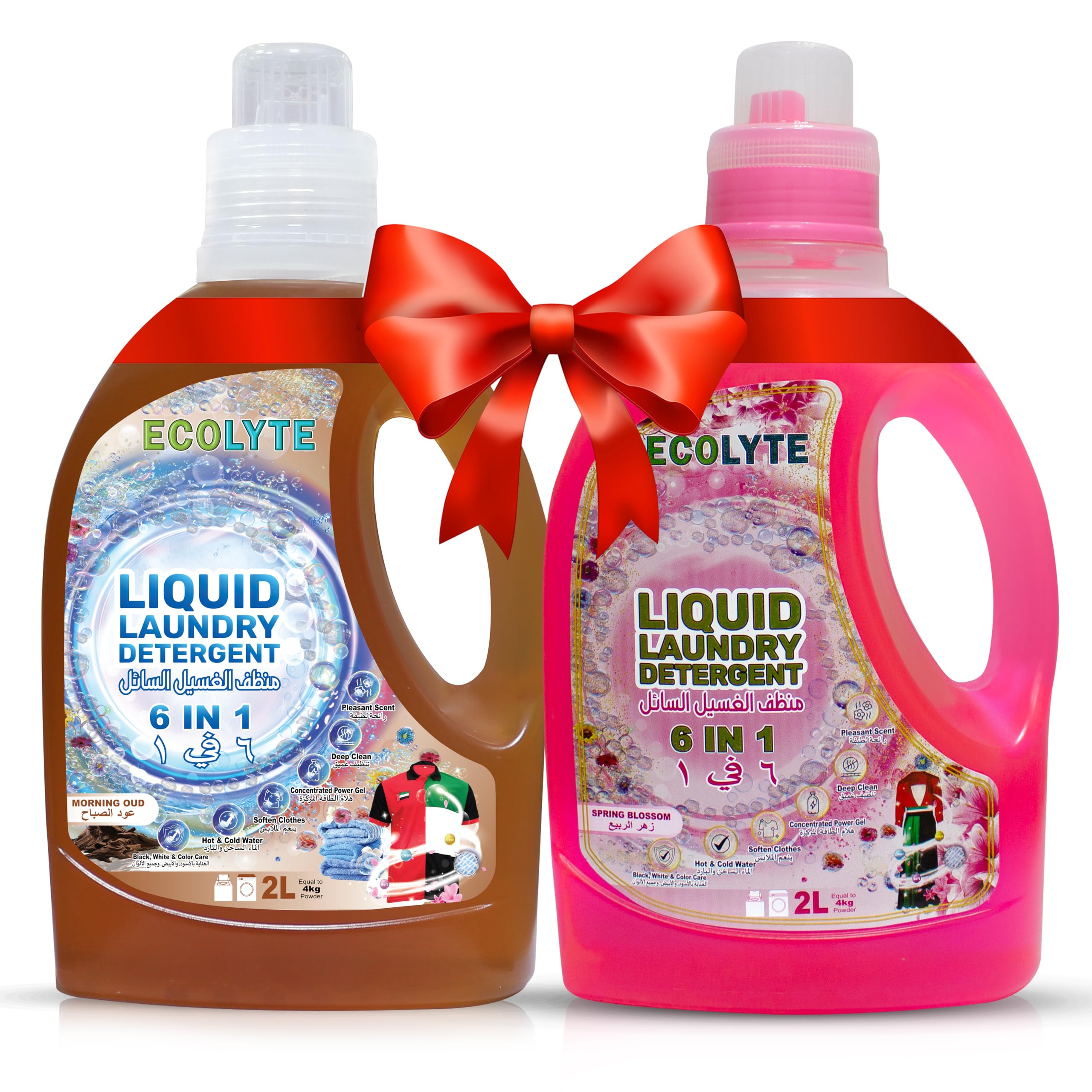 ECOLYTE+ Liquid Laundry Detergent Bundle, All Washing Machines, 6 in 1 Deep Clean, Power Gel, Color Care, Perfect Clean, Lasting Freshness - (Morning Oud & Spring Blossom, 2 Liter, Pack of 2)