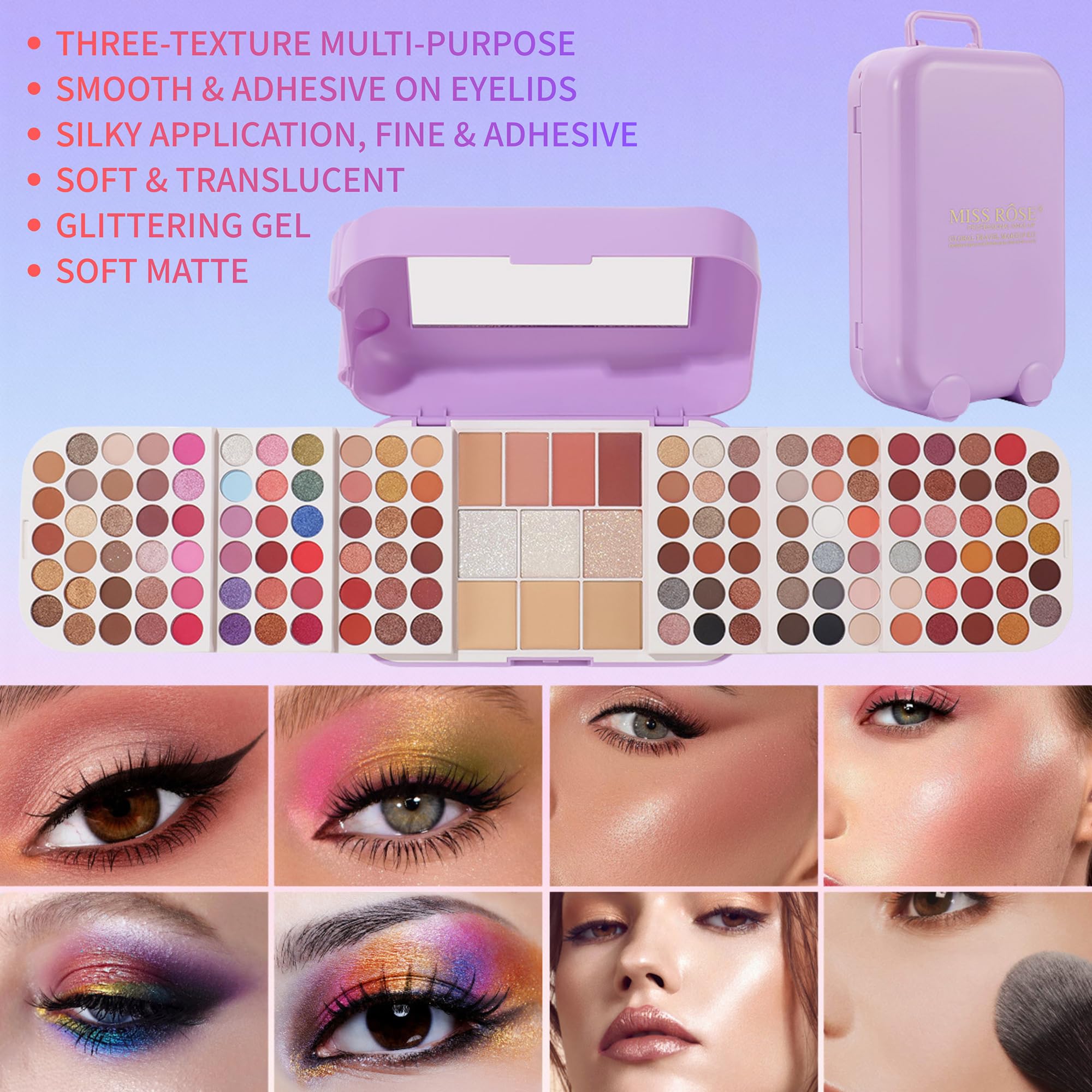 Valigetta per il trucco all-in-one con set professionale per adolescenti, kit completo di cosmetici con custodia treno, palette di ombretti, fard, cipria, evidenziatori, specchio