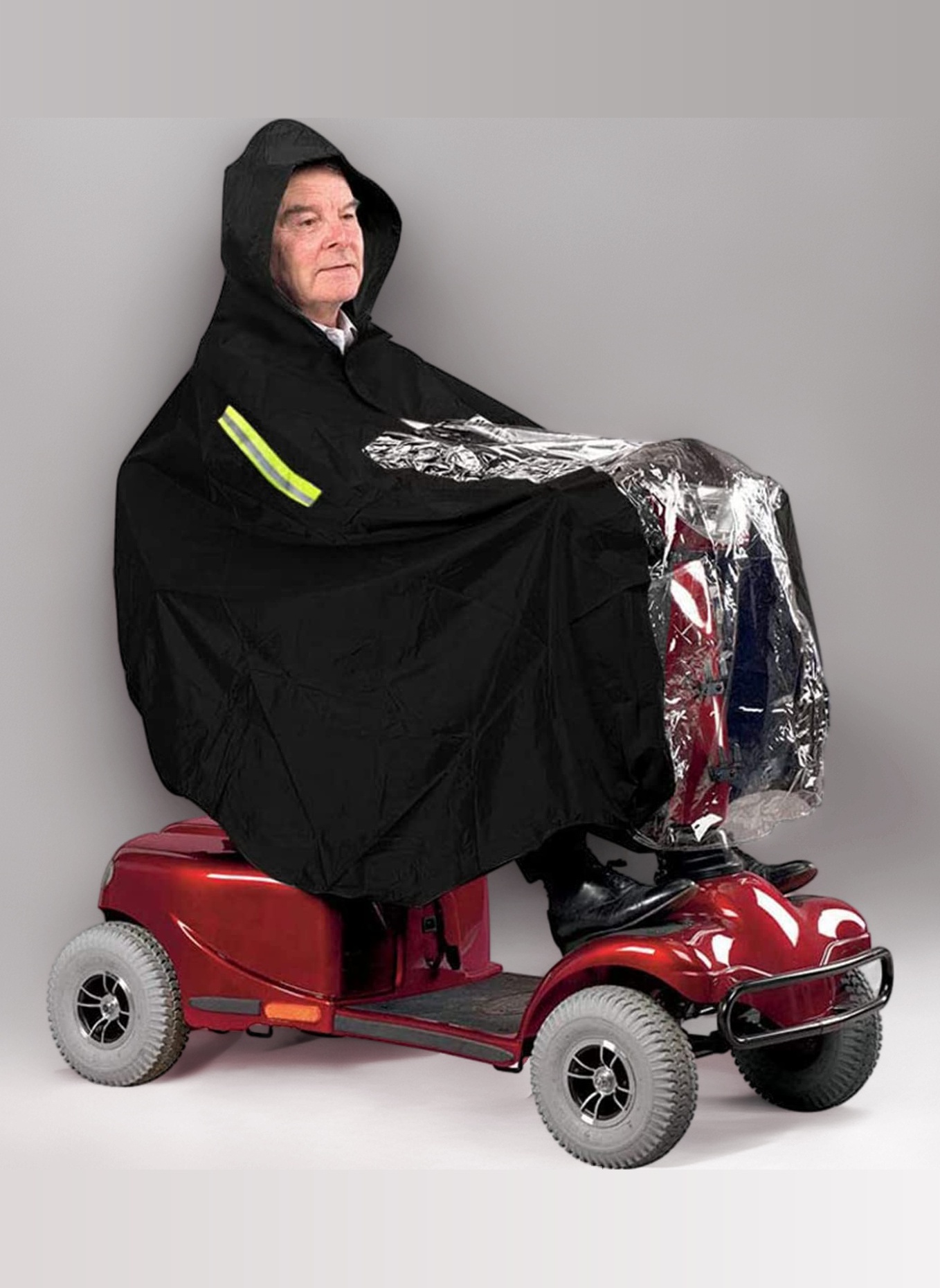 Waterproof Rain Poncho for Mobility Scooter, Large Wind Proof Scooter cape Raincoat Reusable Made by Black Clear PVC Full Protection from Rain