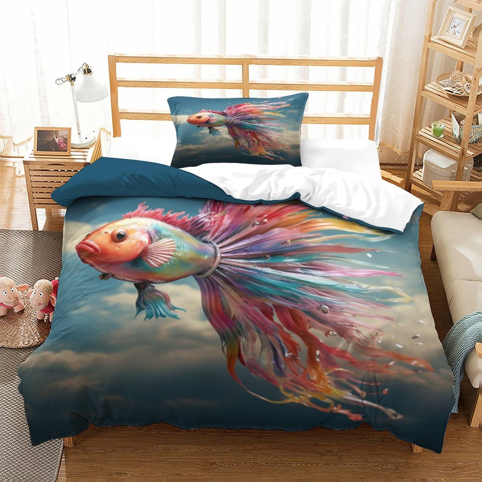P1S9U7W5Y Vivid Fantasy Fish 3D Printed 3 Piece Microfiber Duvet Cover Set Bedroom Decor Fish Bedding Set Soft Breathable for Adults Single（135x200cm）