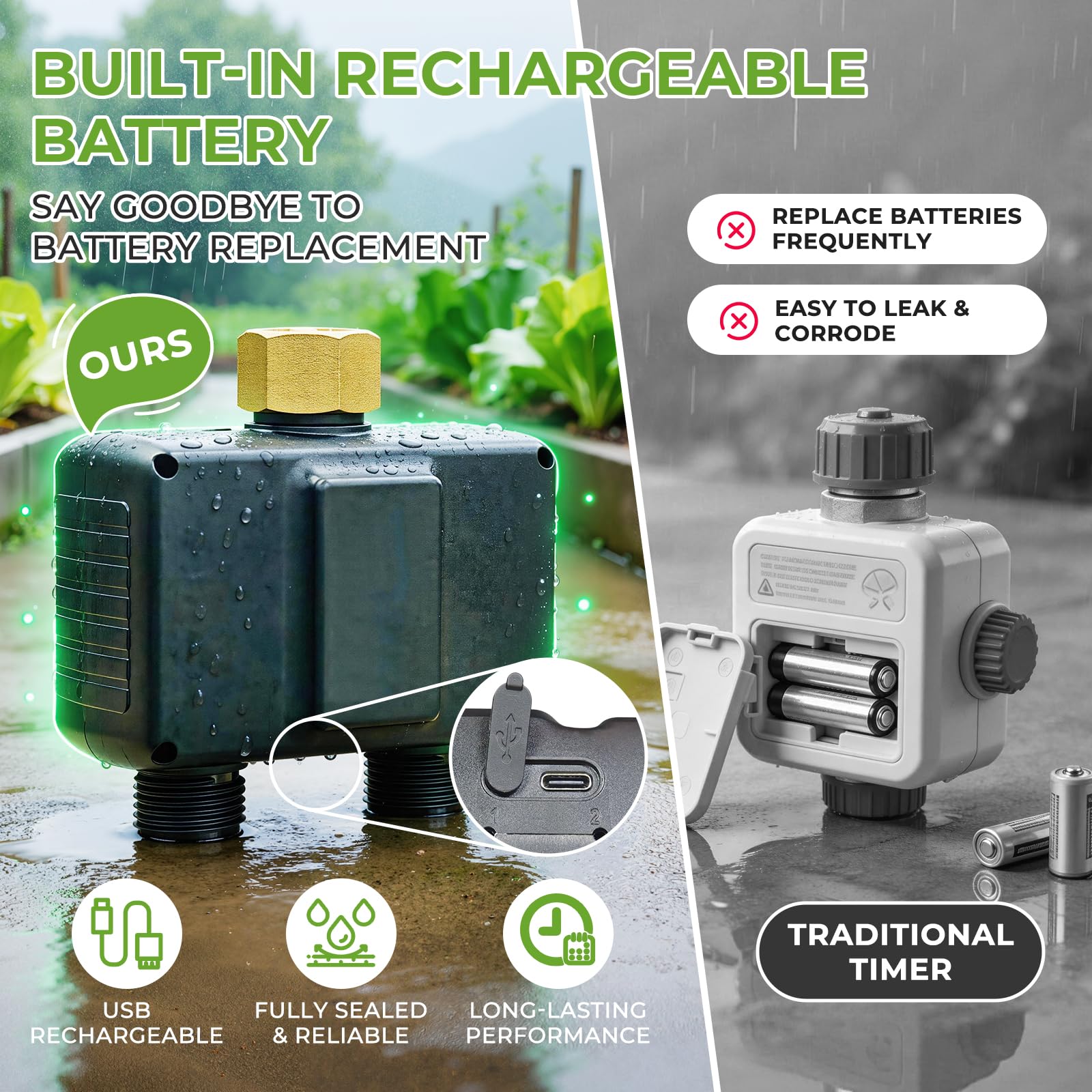 HIRALIY Kit di irrigazione a goccia da 2 m con timer per l'acqua da giardino a 2 zone, sistema di irrigazione automatico da giardino con gocciolatori a connessione rapida, kit timer di irrigazione