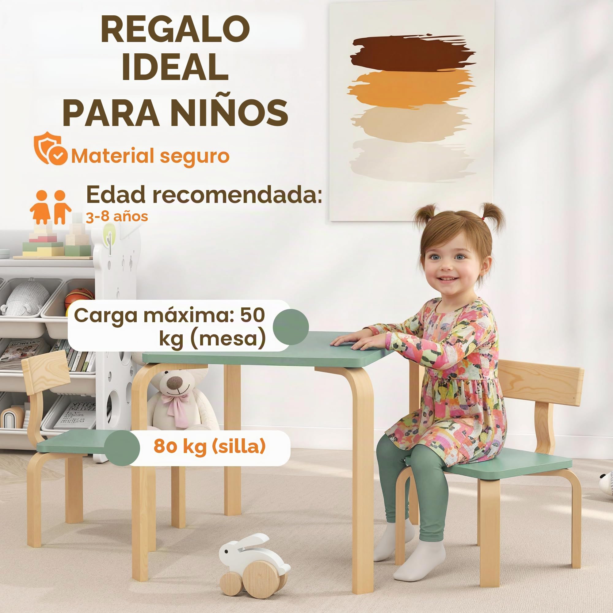 AIYAPLAY Mesa Infantil con Silla, Set de Mesa y 2 sillas de Madera para Dibujar, Jugar, estudiar, Regalo para niñas niños 3-8 años, para Cuarto de Juegos, Dormitorio, guardería, Verde