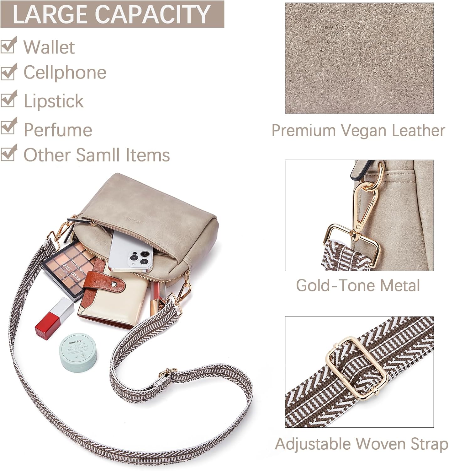 BOSTANTEN Small Crossbody Purse for Women Triple Zip Cell Phone Leather Handbag with Colored Shoulder Strap - Image 4