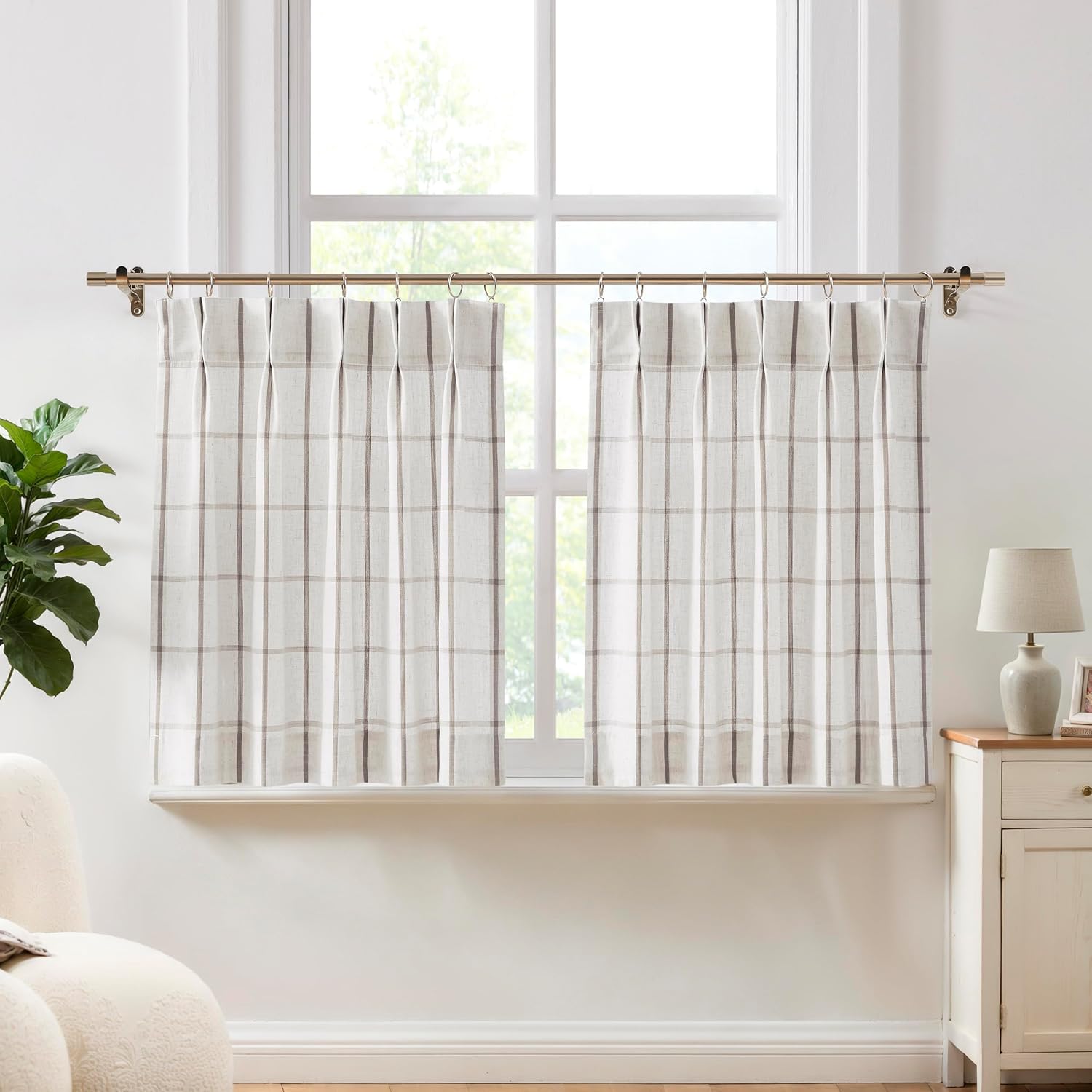 Vision Home Tan Plaid Linen Pinch Pleated Tier Curtains 24 inch
