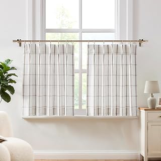 Vision Home Tan Plaid Linen Pinch Pleated Tier Curtains 24 inch | Checkered Semi Sheer Kitchen Curtains with Back Tab Hooks,Light Filtering Small Window Panels for Bathroom Laundry,25Wx24Lx2