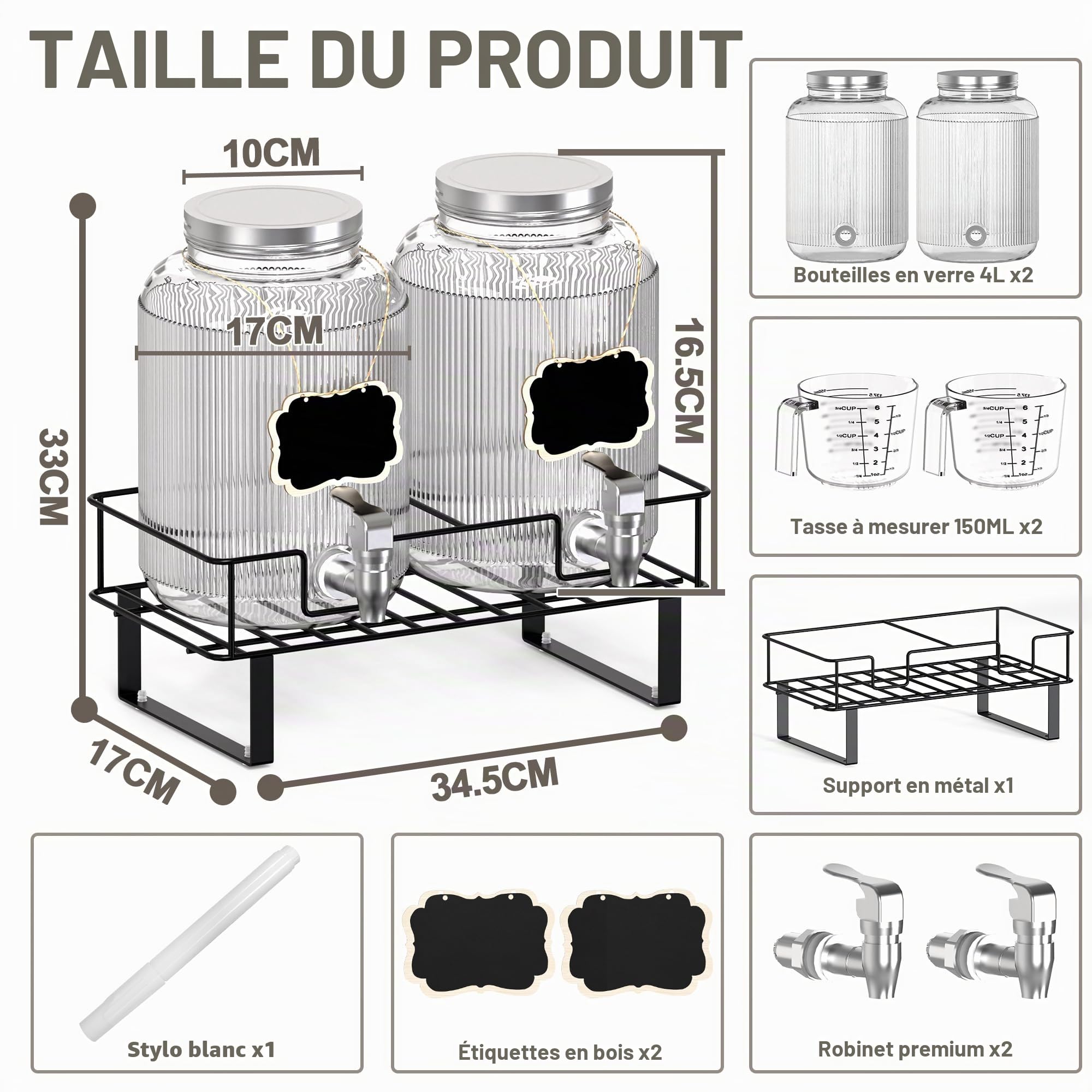 Lot de 2 distributeurs de boisson, 4 l, en verre, avec robinet