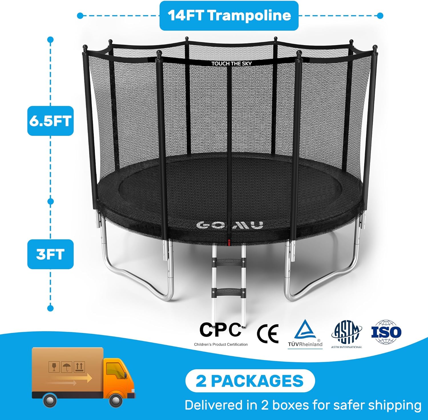 Trampoline Outdoor 12FT 14FT with Safety Enclosure Net, Trampoline for Kids and Adults with Ladder, ASTM Approved Recreational Trampoline Anti-Rust for Outdoor