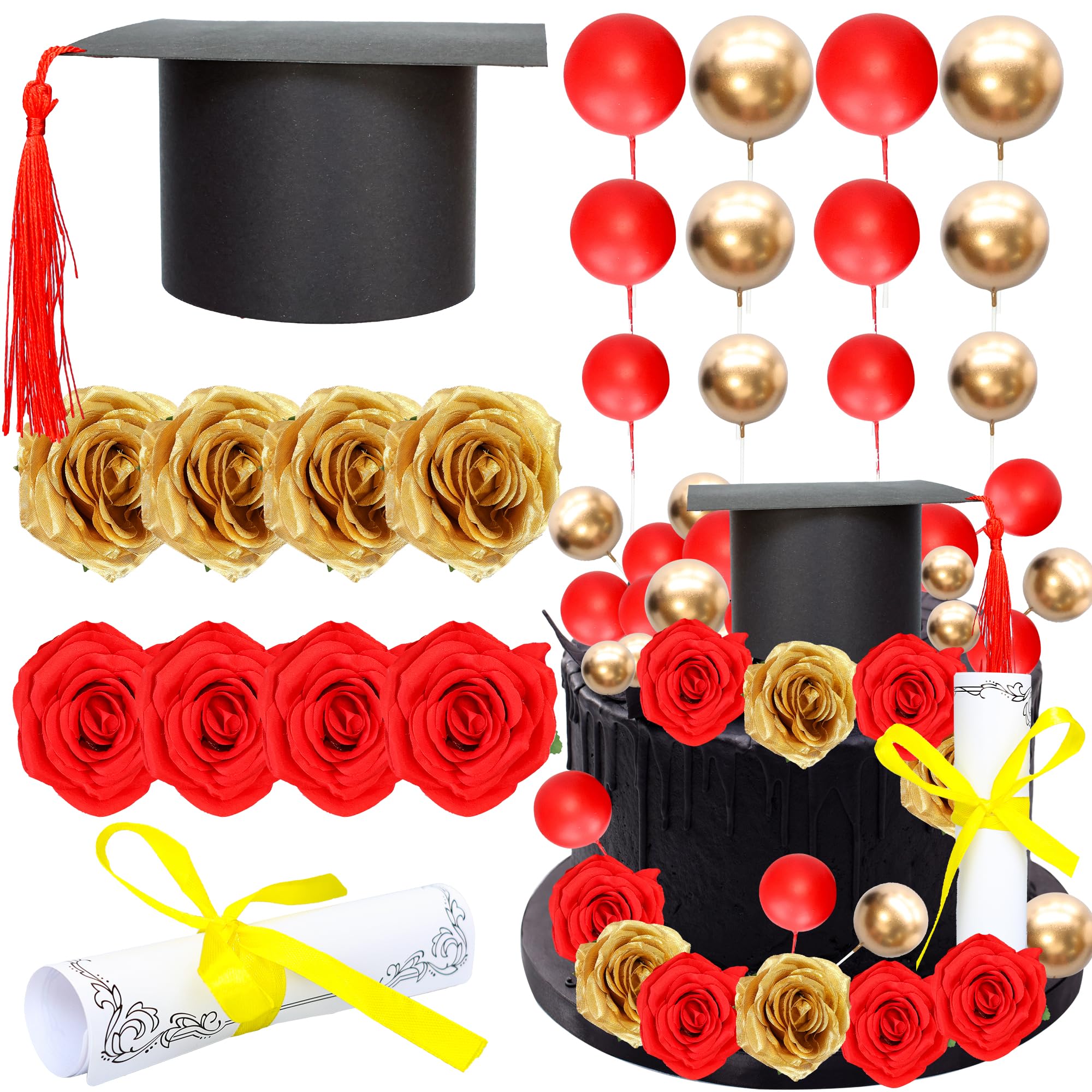 Ephlyn 40 Pack 2026 Graduation Cake Toppers Class of 2026 Cap Diploma Balls Flowers Congrats Grad Cake Decorations for 2026 High School College Senior