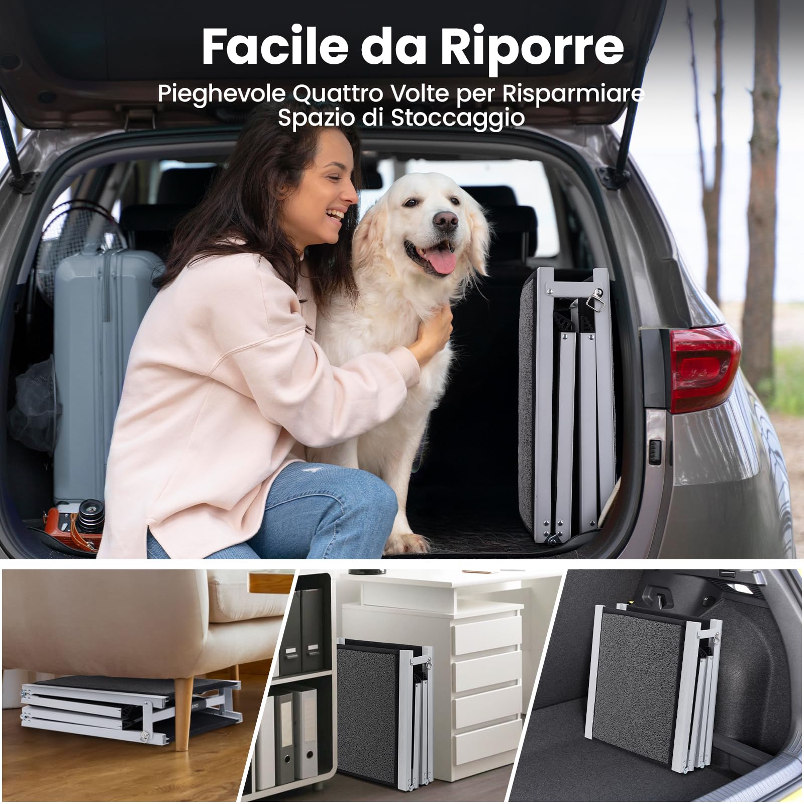 Rampa Auto per Cani Pieghevole 170 x 44cm, Scala Portatile Cani Macchina con Superficie Morbida Antiscivolosa, Telaio in Alluminio, Dog Stair Ramp Pedana per Cane Piccola Media Grande