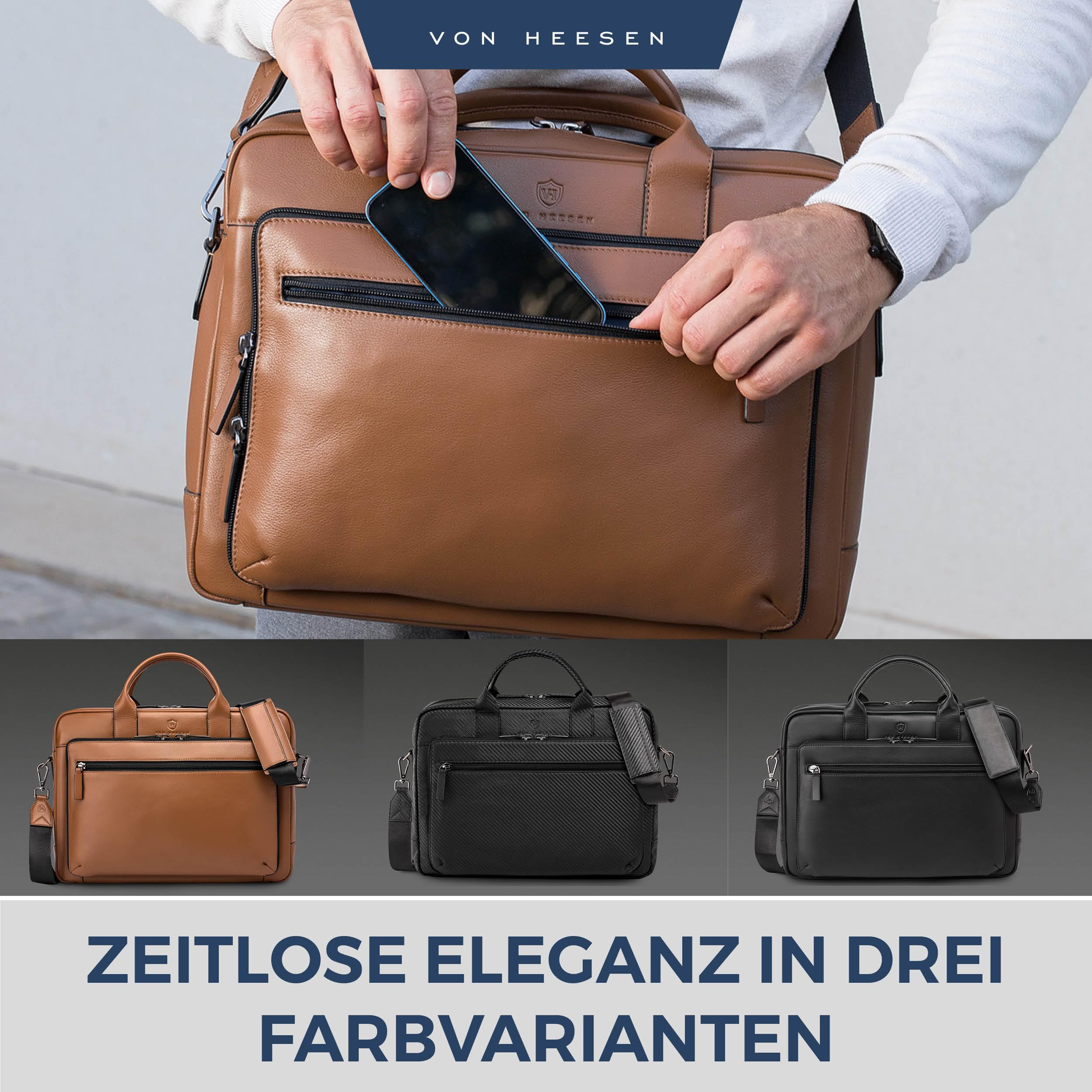 VON HEESEN Umhängetasche & Laptoptasche aus echtem Leder bis 16 Zoll - Aktentasche Herren & Damen - Luxuriöse Echtleder Arbeitstasche für Büro & Alltag
