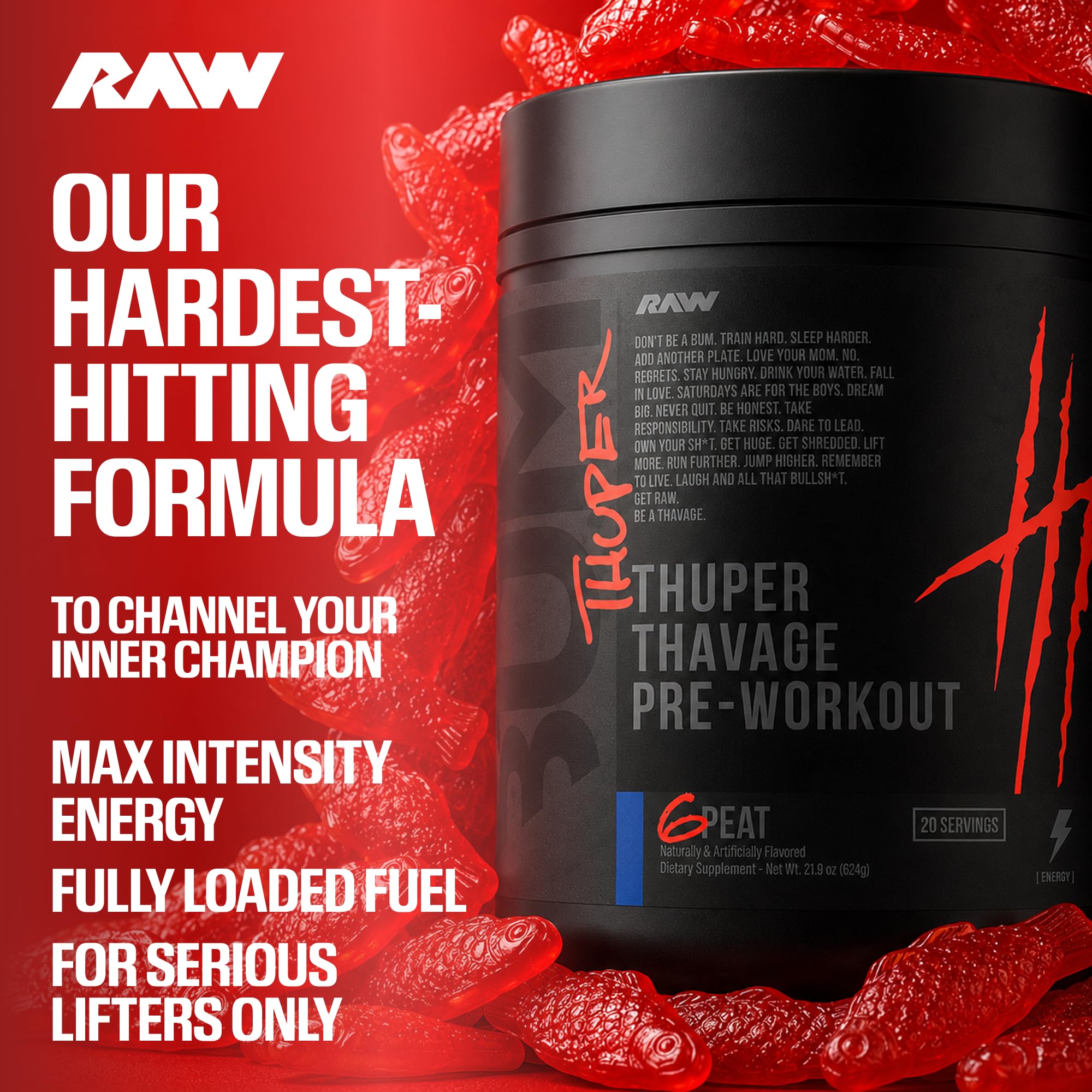 RAW Thuper Thavage Pre Workout Powder - High-Stim Preworkout with Creatine, Beta Alanine, L-Citrulline & Caffeine - Chris Bumstead Gym & Fitness Supplement for Men & Women - Watermelon Grape — Amazon image 3