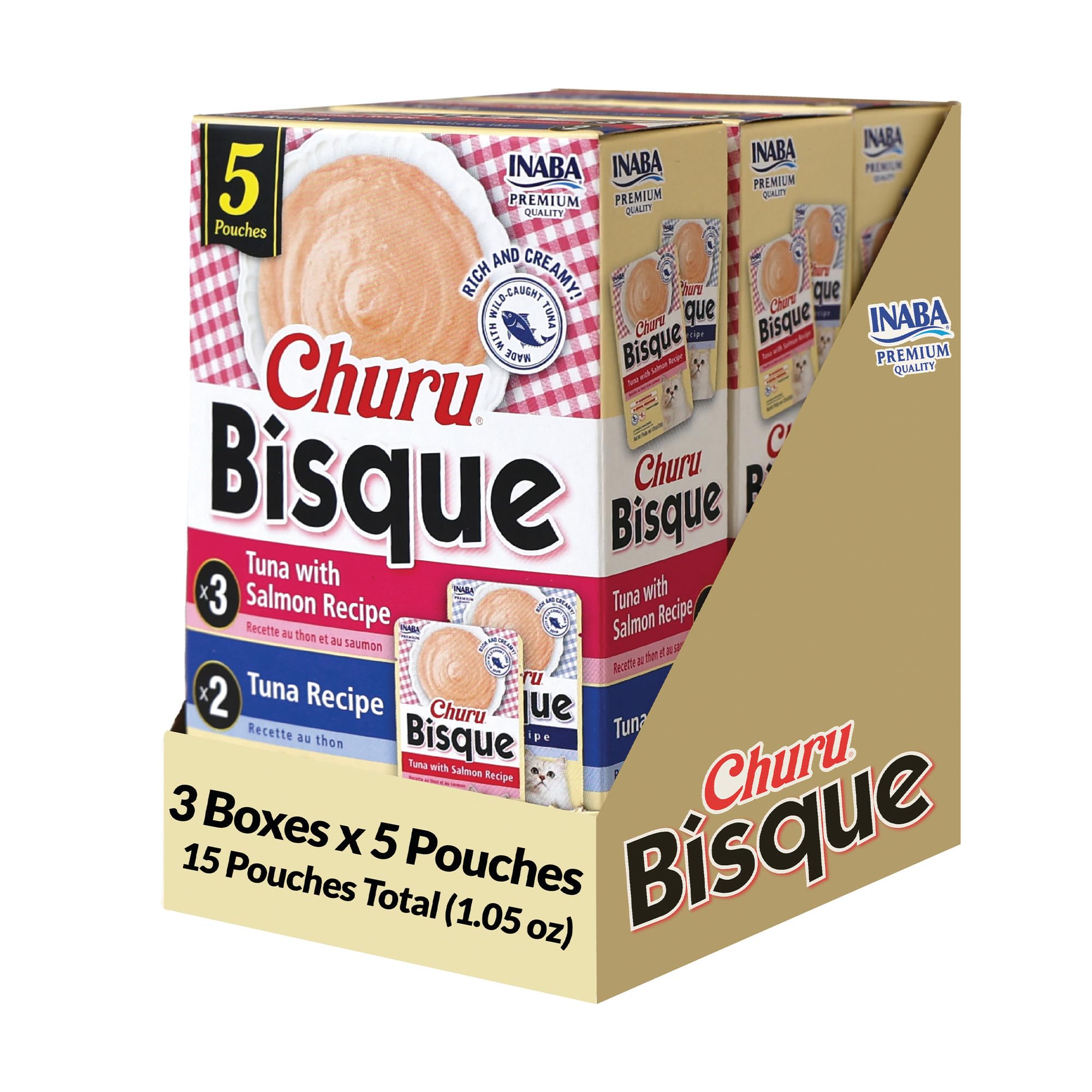 INABA Churu Bisque for Cats, Creamy Purée Side Dish Pouch, 1.05 oz Pouches, 15 Pouches Total, Tuna Variety