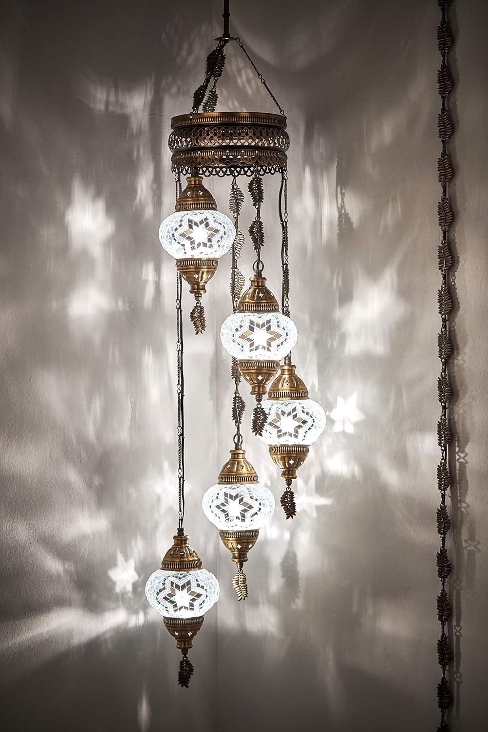 DEMMEX Turkish Moroccan Mosaic Plug-in Chandelier, 5-Globe Colorful Bohemian Swag Pendant Light with 15-ft Cord & Chain, 3.5 ft Drop for Living Room & Bedroom (White)