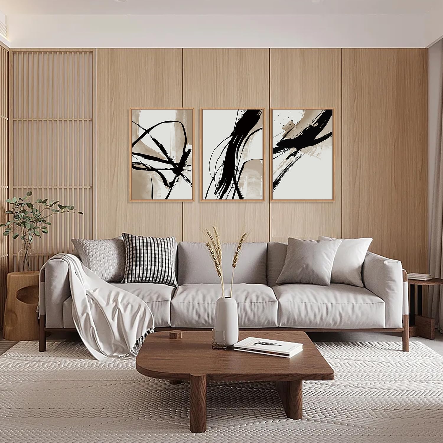 BINCUE 3 piezas Beige Abstracto Arte de Pared Sepia y Negro Pincelada Lienzo Mural, Beige Marrón Línea de Tinta Póster, Cuadros Abstractos Modernos con Marco Decoración de Pared para Salón, Dormitorio
