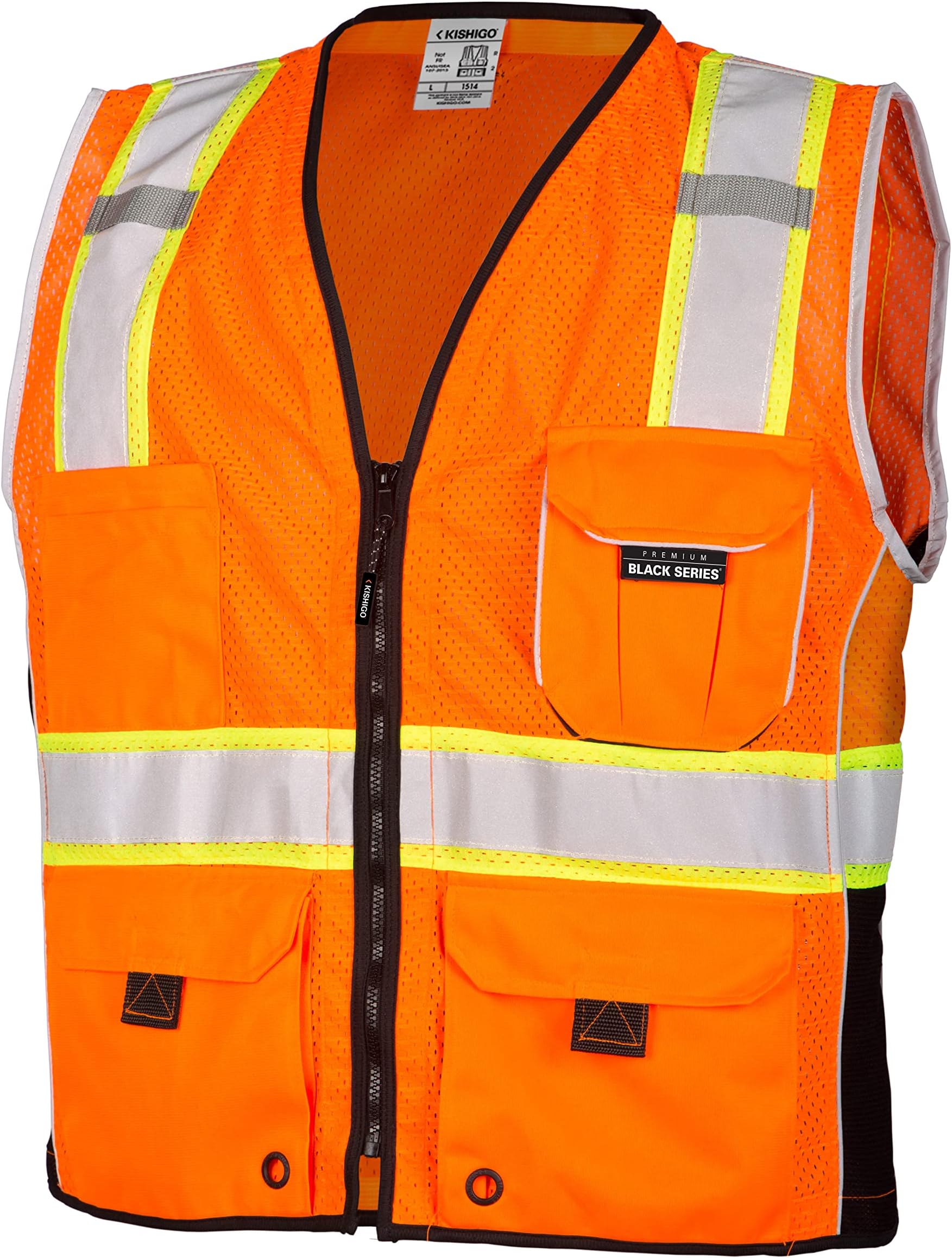 Kishigo Premium Black Series Heavy Duty Unisex Reflective Safety Vest 1514, ANSI Type R / Class 2 Compliant, 6 Pockets - Pencil & Radio Pockets, Reflective Silver Lining & Black Trim (Orange, M)