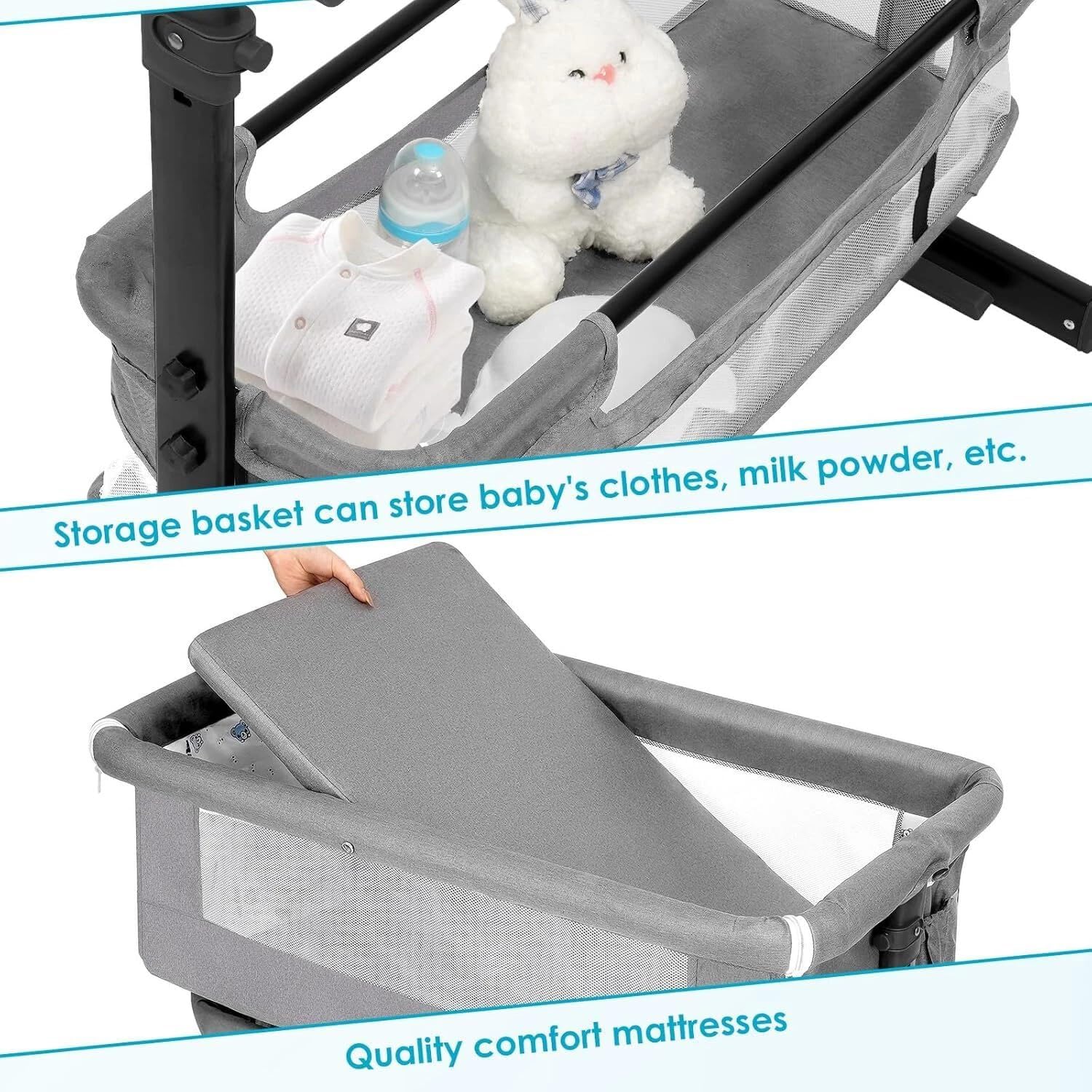 Baby Bassinets Bedside Sleeper, 3 in 1 Baby Bassinet, Adjustable Easy Folding Portable Bed, with Mosquito Nets, Large Storage Bag, Comfortable Mattresses, for Infant/Baby/Newborn (Gray)