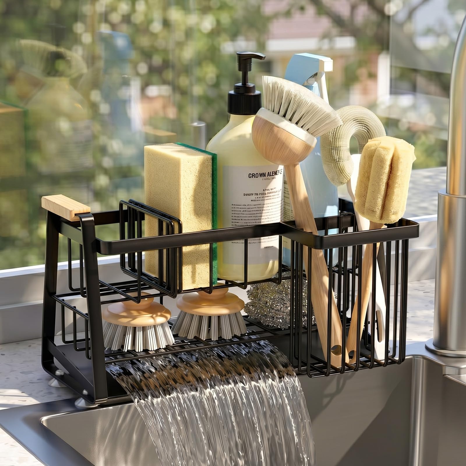 Housolution Portaspugna per Lavello Cucina, Organizer per Lavello 2 Livelli con Portaspazzole Alto e Flessibile, Accessori per Stoccaggio del Piano Cucina, Porta Dispensatore di Sapone, Antiruggine