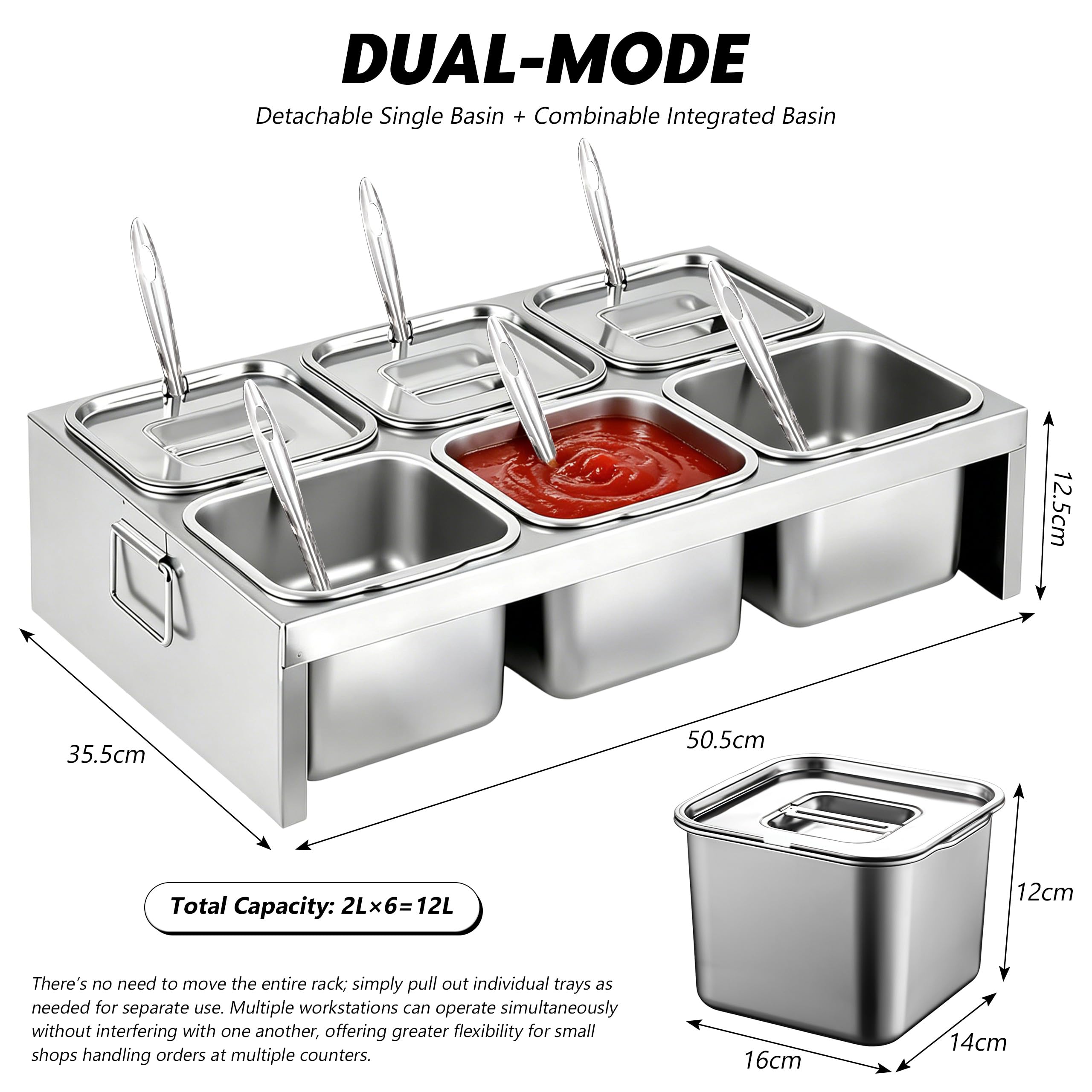 Station de garniture à pizza, récipient à ingrédients en acier | inoxydable avec couvercle et cuillère pour sauces, 6 compartiments, pour cuisine, restaurant et extérieur
