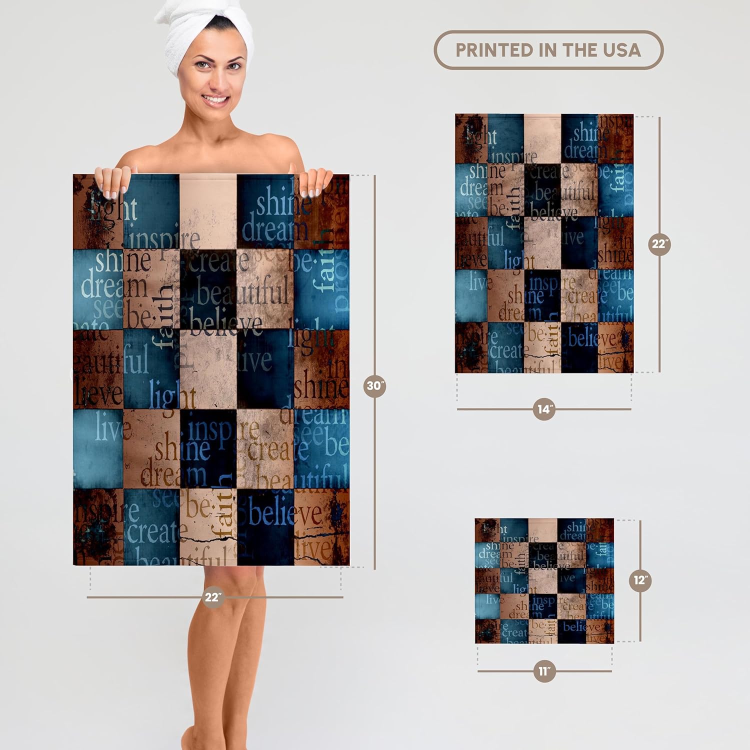 3dRose Inspirational Words Blue and Gold Checkered Squares 22x30 Bath Hand Pool Towel