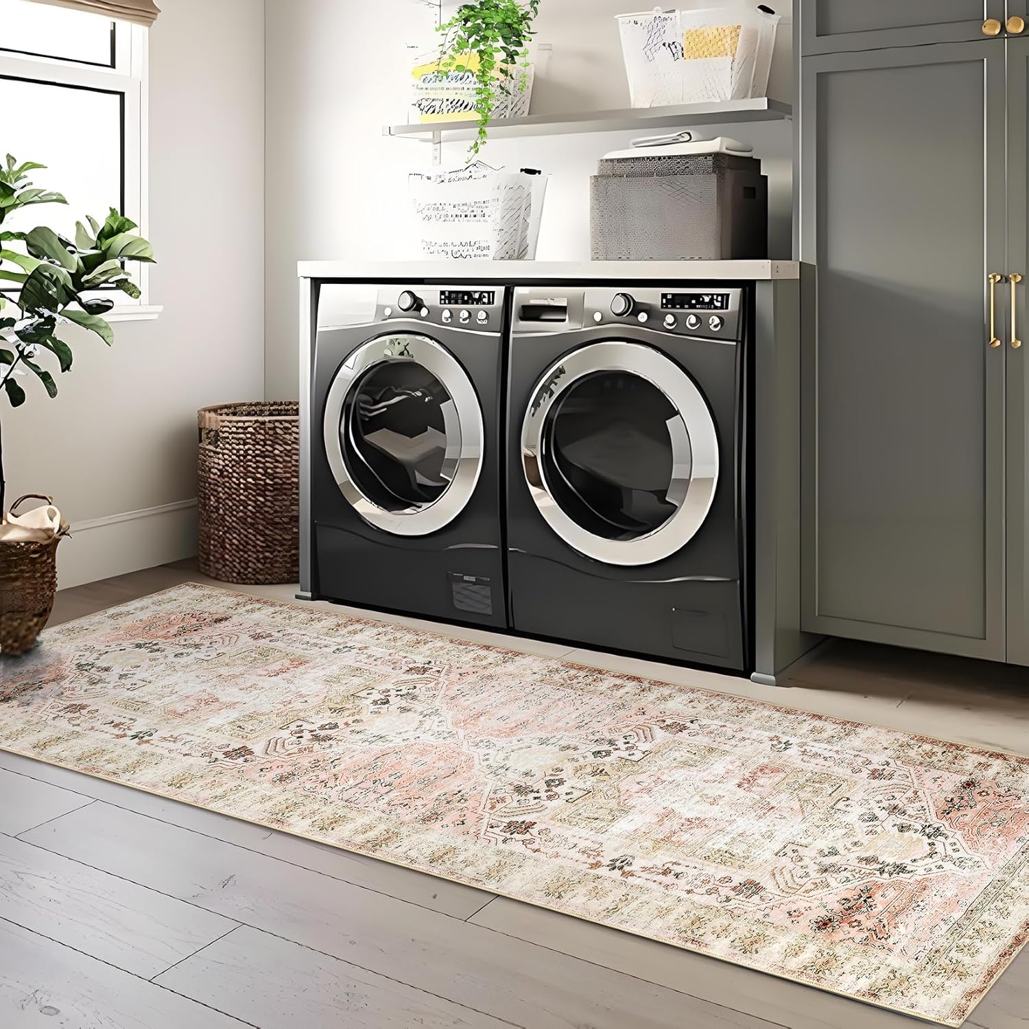 COZYLOOM 2x6 Runner Rug Washable Kitchen Rugs Non Slip Non Shedding Vintage Medallion Rug Stain Resistant Low Pile Distressed Floral Carpet Foldable Bordered Thin Mats for Bathroom, Hallway, Pink
