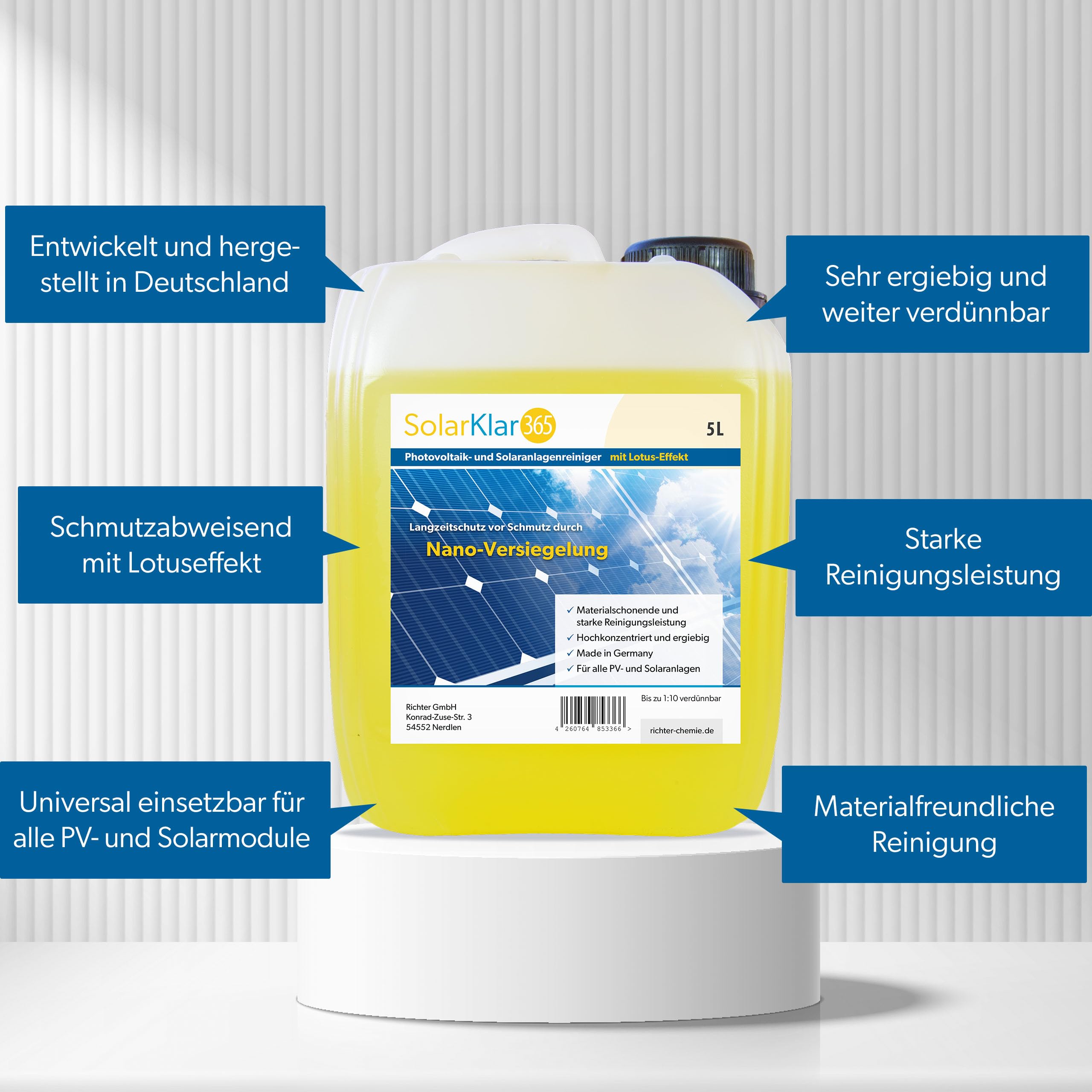 SolarKlar365 Photovoltaik- und Solaranlagen Reiniger | PV Anlage reinigen | Lotuseffekt langanhaltender Schutz, starke und materialschonende Reinigung 5 Liter + Teleskop-Waschbürste