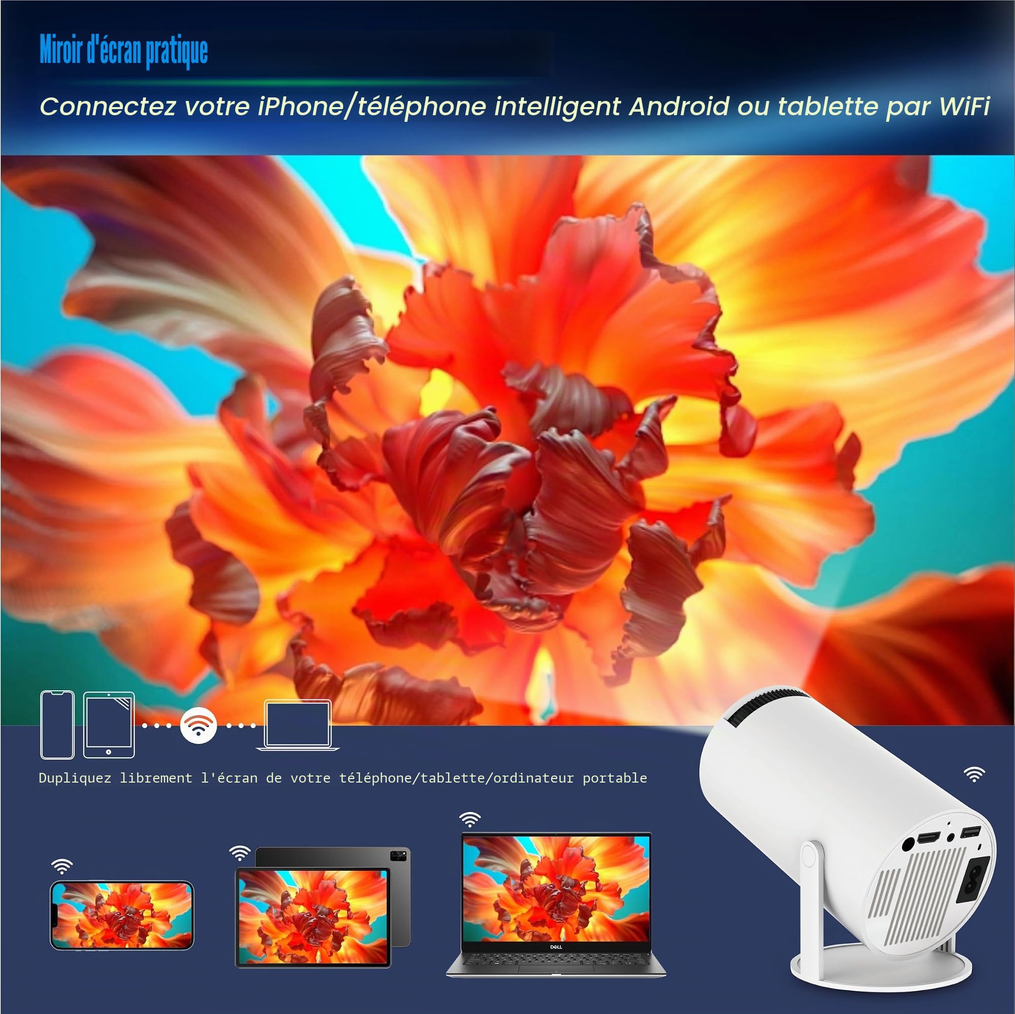 Mini Vidéoprojecteur,Home cinéma 4K Mini Projecteur avec Android OS, Prend en Charge 5G WiFi, BT5.0, Correction trapézoïdale Automatique, Angle de 180 degrés, écran 130 Pouces pour Téléphone/PC/Lap