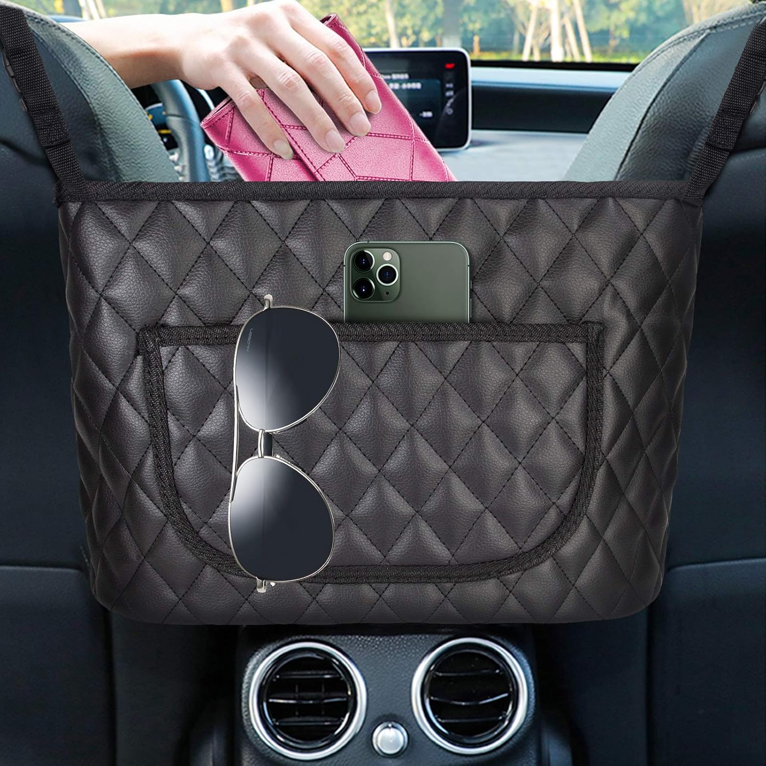 Kintim Handbag Holder for Car, PU Leather Car Net Pocket
