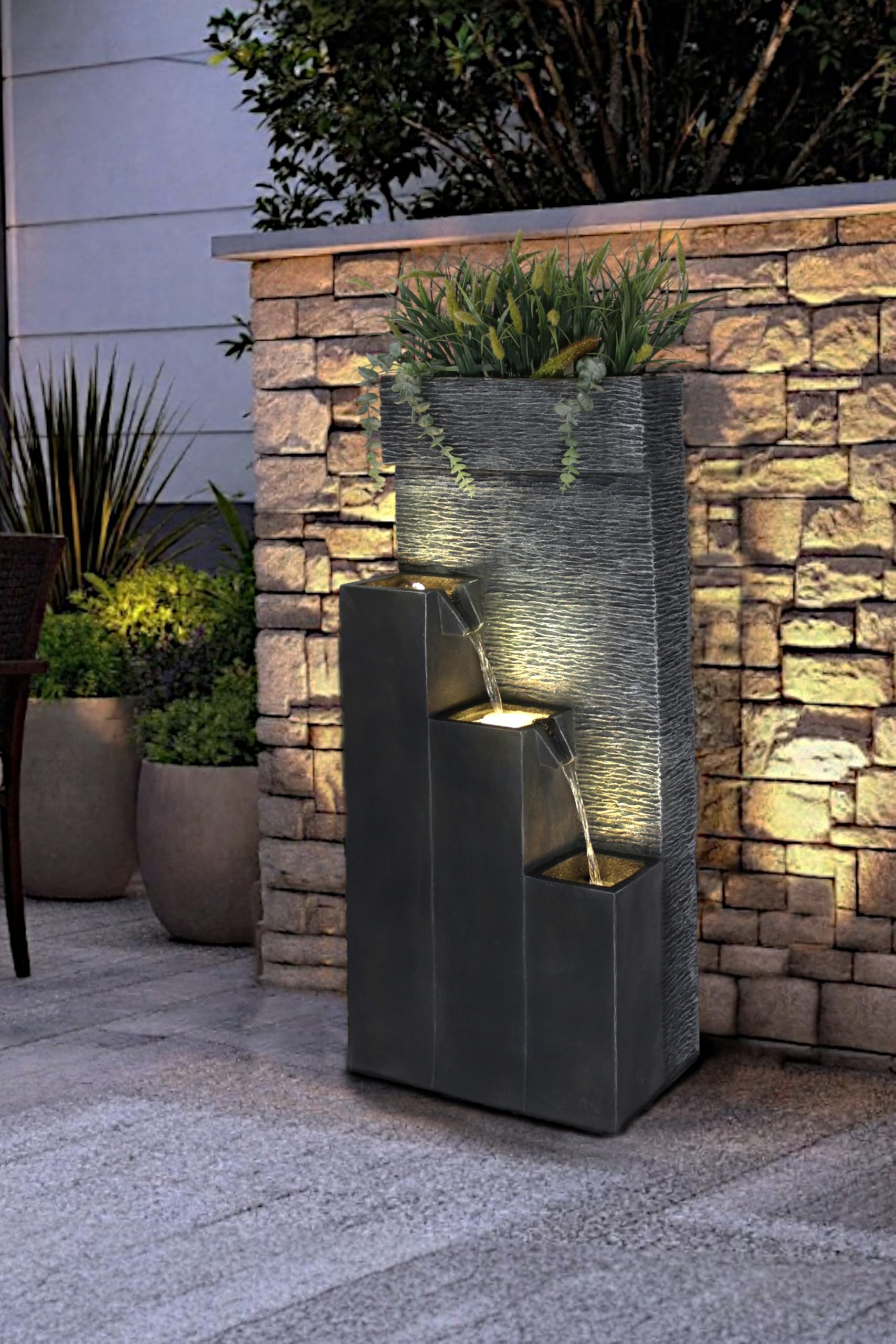 BK846 Grande fontaine avec lumières LED Fontaine de jardin avec bassins décoratifs cascade (101 x 43 x 25,5 cm)