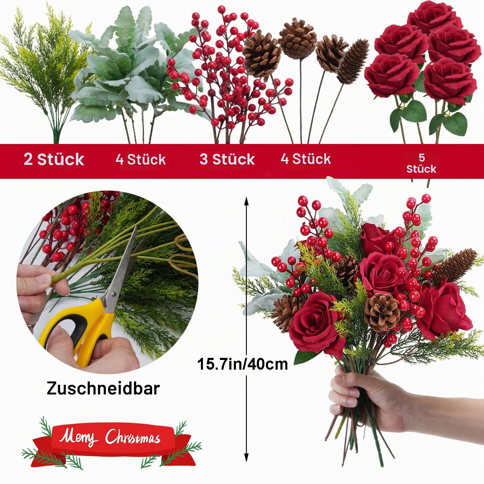 18 künstliche Weihnachtsblumen, Blumenstrauß, gemischter Blumenstrauß, künstliche Tannenzweige, Beerenstiele, Tannenzapfen, rote künstliche Blumen für Weihnachten, Winter, Zuhause, Tischvase,