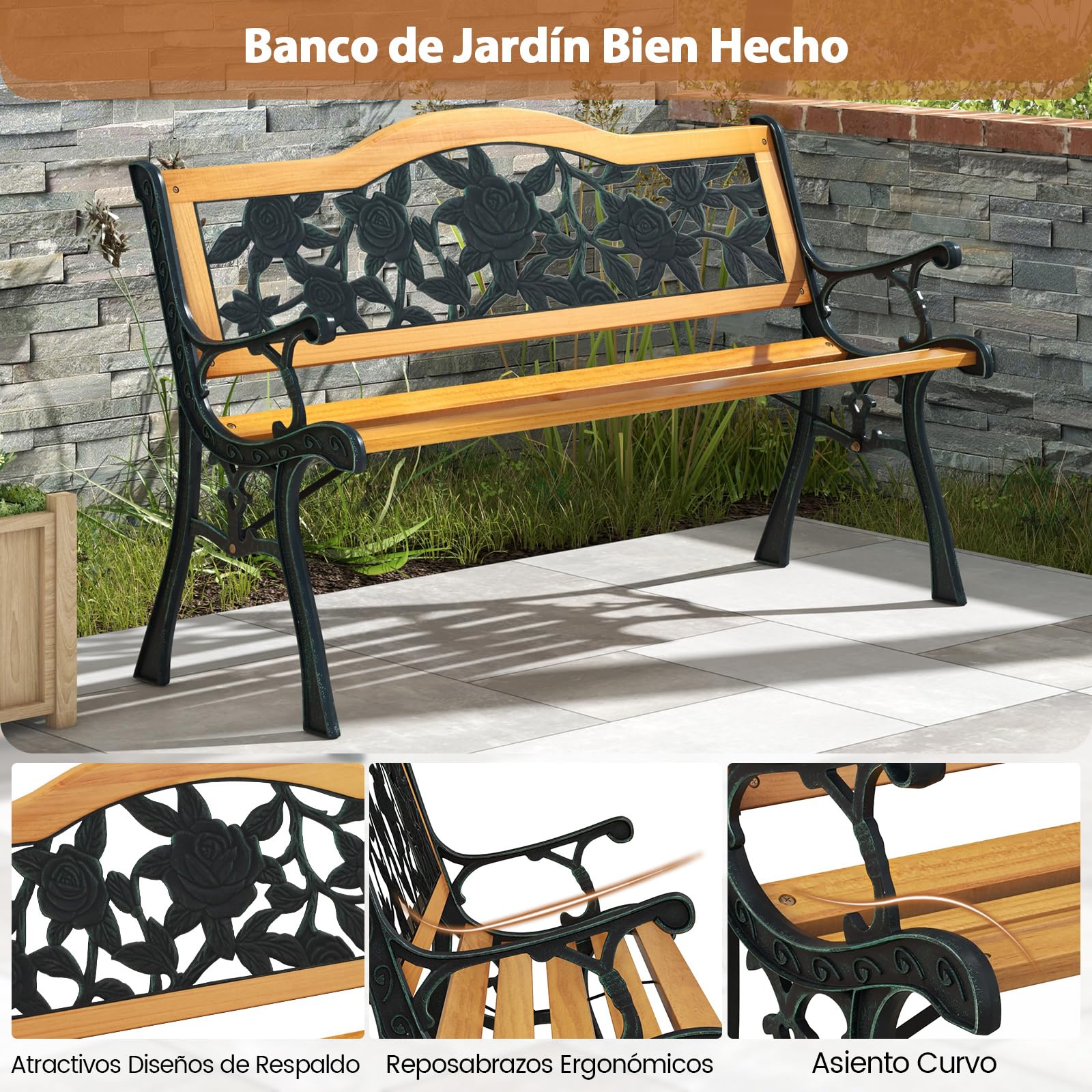 COSTWAY Banco Jardin Exterior de 3 Plazas, Bancos para Exterior con Estructura de Metal Fundido, Asiento de Madera, Reposabrazos Curvos, Banco Madera, 127,5 x 52,5 x 73,5 cm