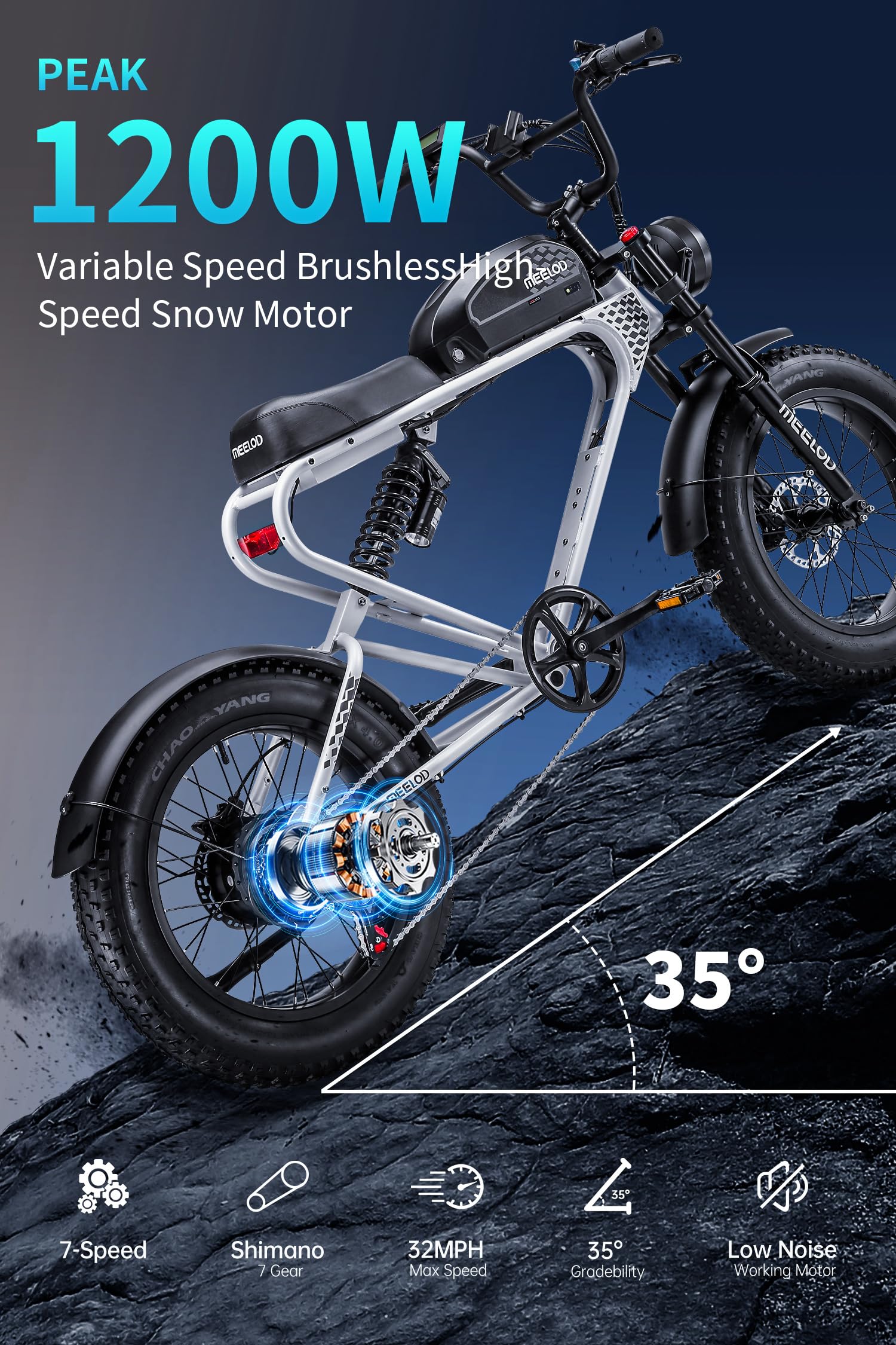 48V 20Ah Electric Bike for Adults, 1200W Peak Fat Tire Ebike, 43-100 Miles Long Range, 31MPH Top Speed, 20"x4.0" Off-Road Electric Bicycle with Hydraulic Brakes & LCD Display — view 5