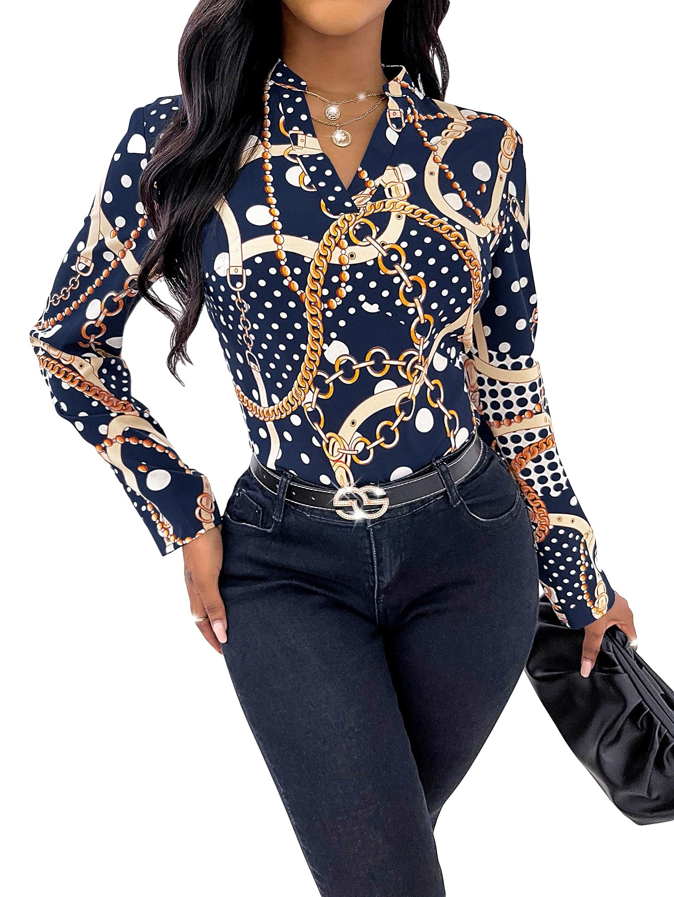 GORGLITTERWomen's Chain Print Polka Dots Notched V Neck Long Sleeve Blouse Top