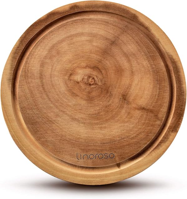 Linoroso Chopping Board Wooden Cutting Boards for Kitchens Round Non-Spliced Acacia Wood with Juice Trough Double-Sided Usable Anti-Slip Cut Resistant Anti-Bacterial - 25.4cm Diameter