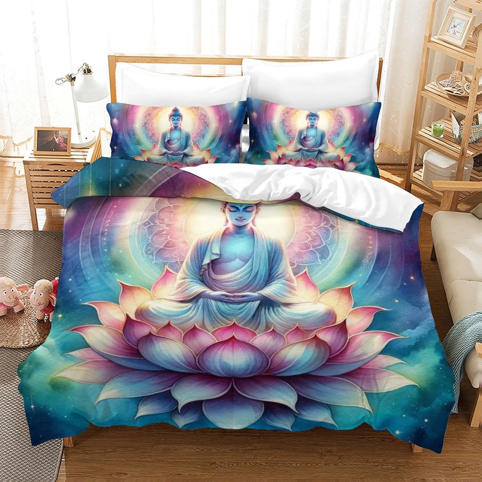 Housse de couette Bouddha 3D en microfibre infroissable avec fermeture éclair pour lit double