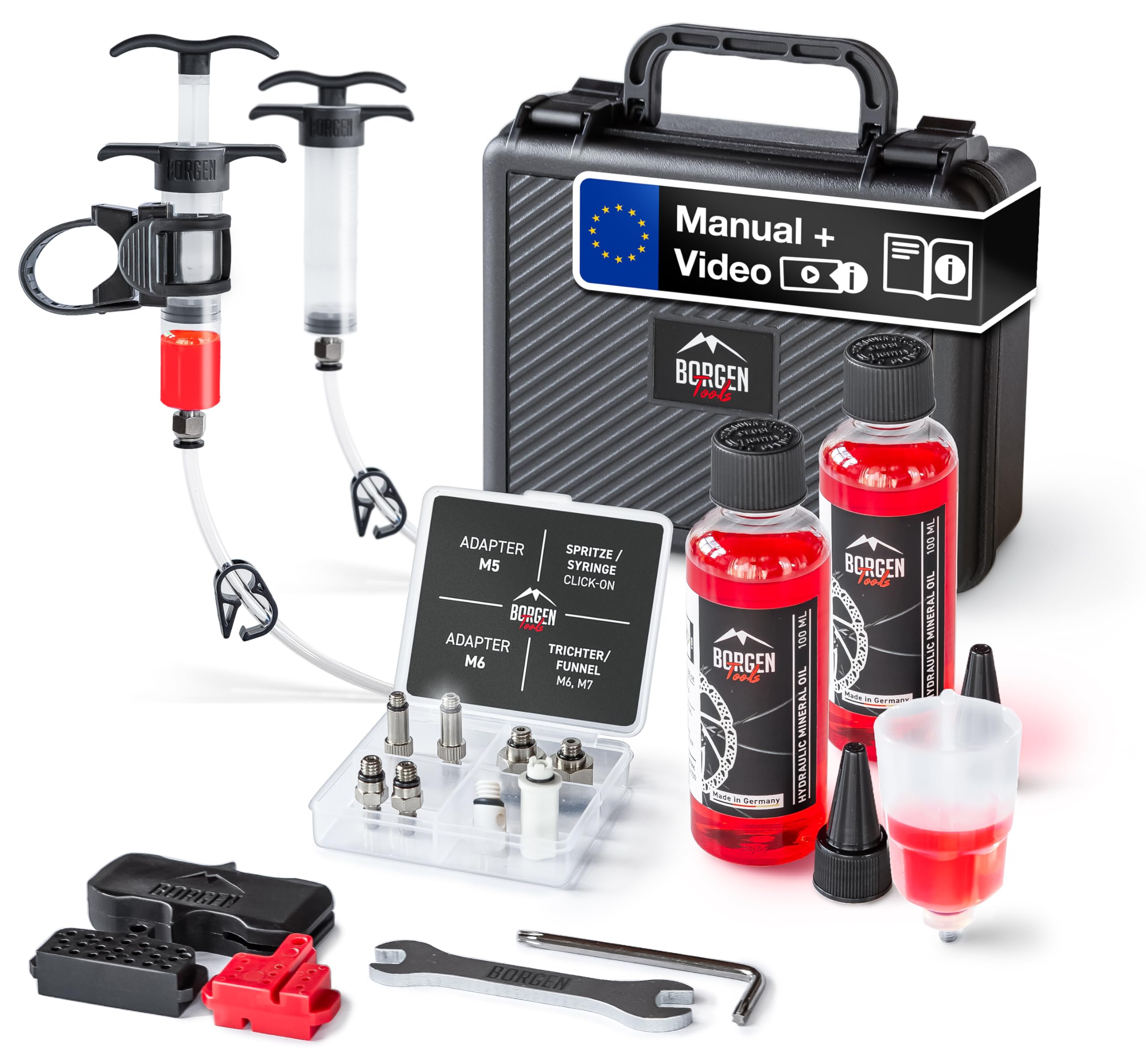 Borgen Pro kit Purge Freins vélos Disque Shimano, Tektro et TRP – Purgeur de Freins avec Instructions, 2× Huile minérale Liquide, Brake Bleed kit, kit Purge Freins
