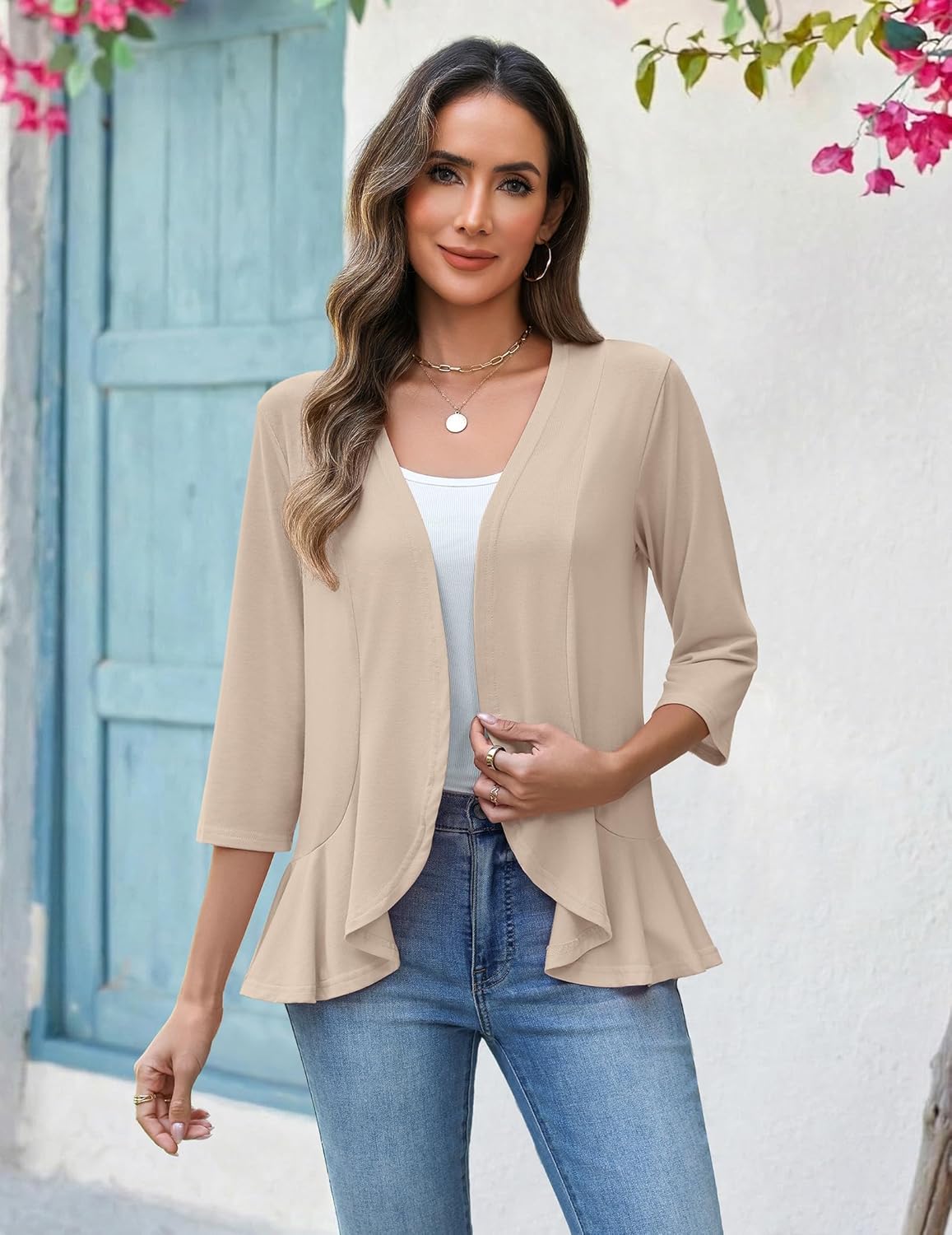 Zeagoo Women's 2026 Summer 3/4 Sleeve Lightweight Cardigans Sweaters Open Front Draped Ruffles Kimono Coverups - Image 2