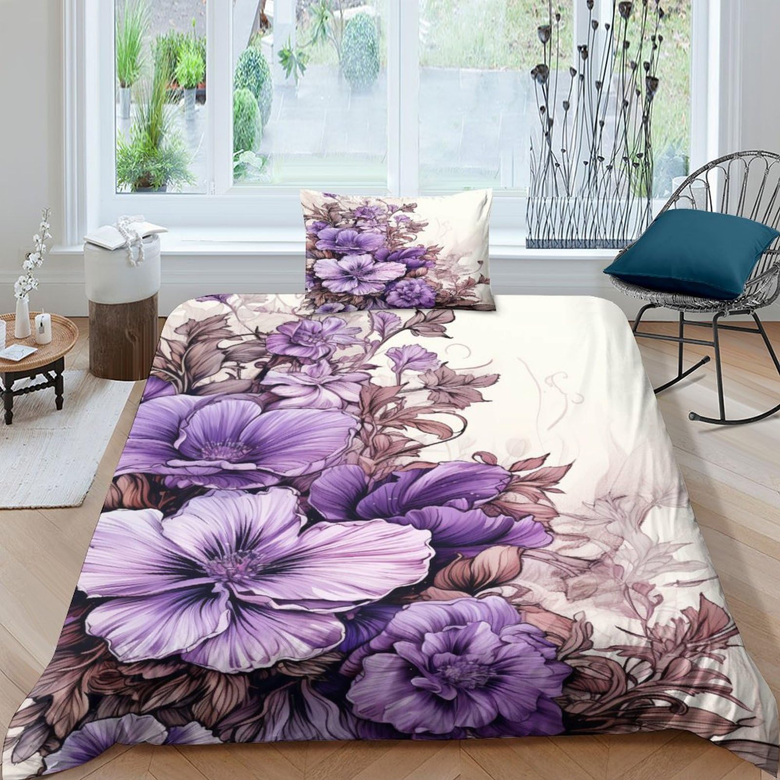 Housse de couette 3D imprimée fleur avec taies d'oreiller lit simple IOFEER