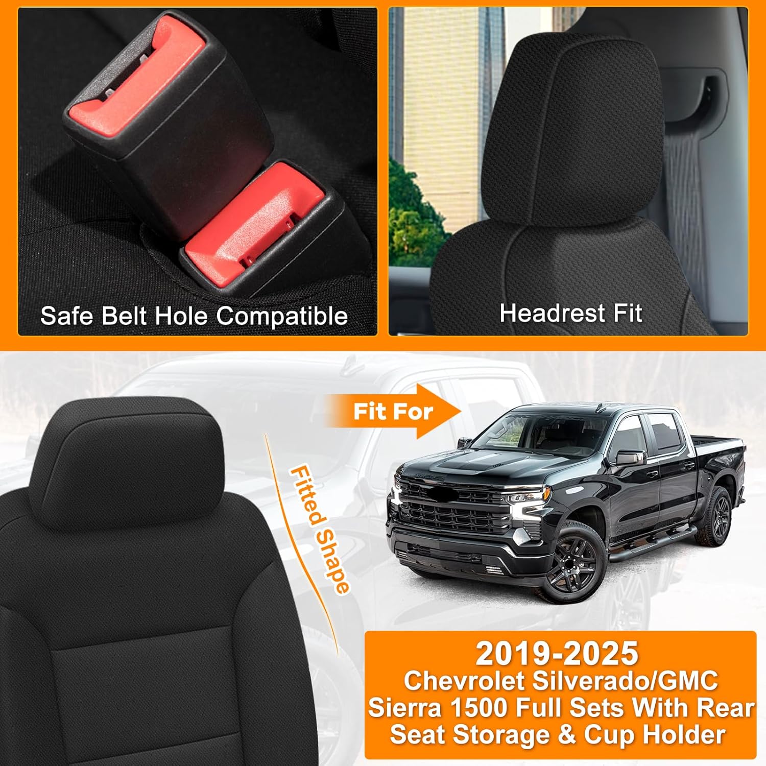 Front & Rear Seat Cover Compatible with 2019-2025 Chevy Silverado/GMC Sierra 1500 with Rear Seat Storage & Cup Holder, Heavy Duty Kinitted Fabric