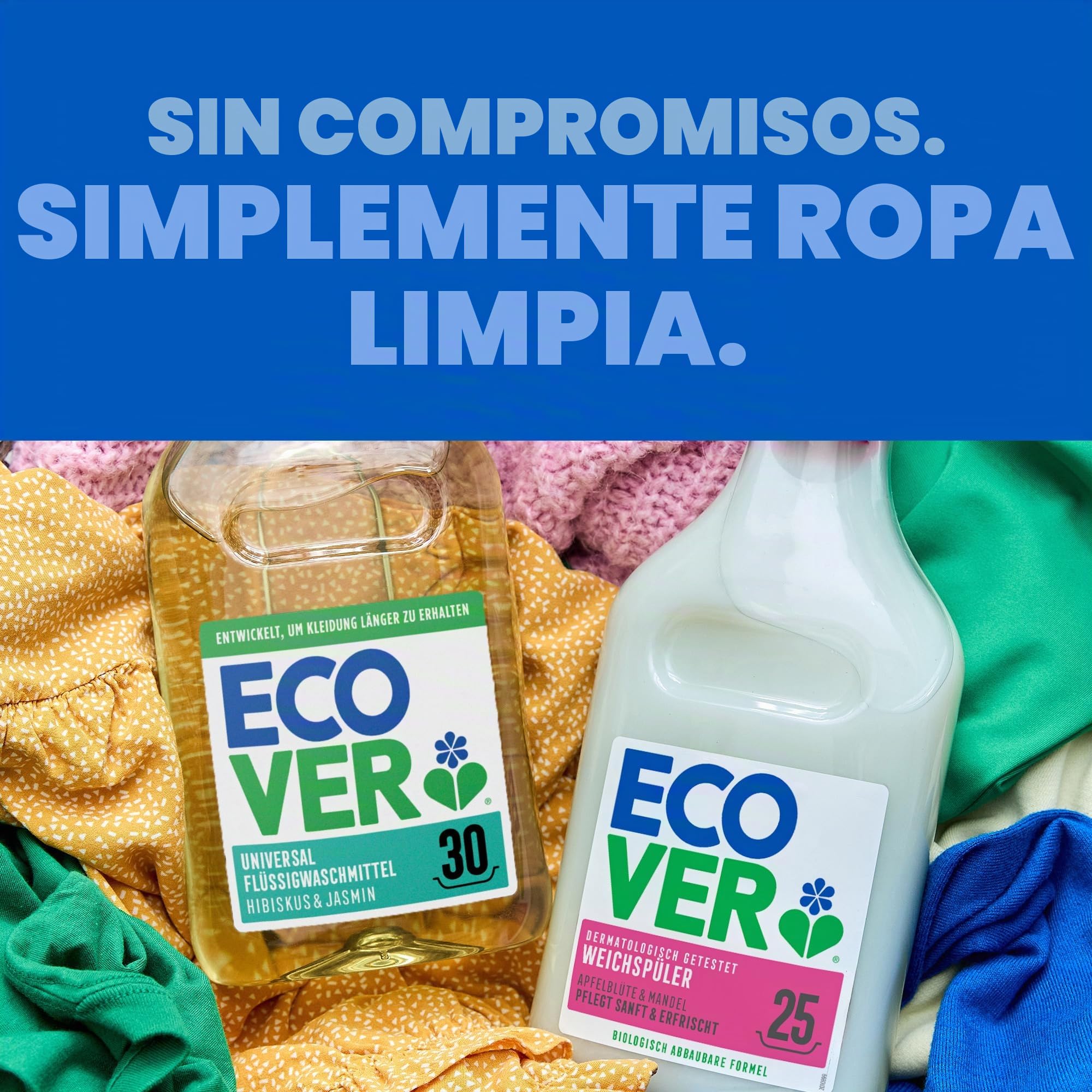 Ecover Detergente líquido para lavadora ecológico - Detergente para ropa blanca y de color, Fragancia Honeysucke - Jazmin, Formato rellenable, 100 lavados, Multicolor, 5 l (el paquete puede variar)