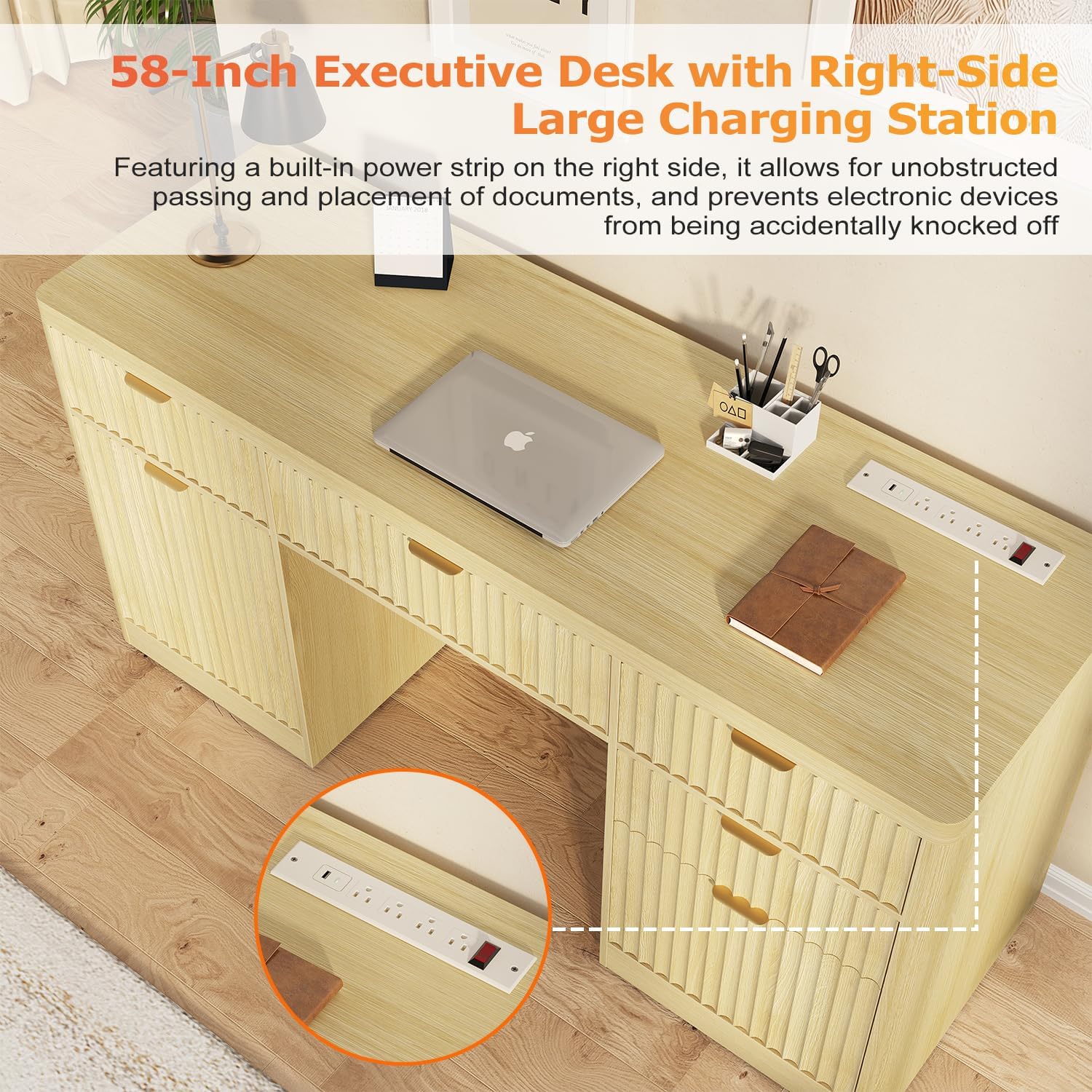 58" Fluted Executive Desk with Storage & Charging Station Wood Modern Home Office 4 Drawers 1 File Cabinet Storage Computer Writing for Work Living Room Bedroom, Natural