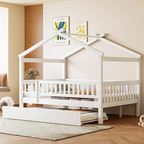 Miniatura 89 de Bellemave Cama de casa tamaño matrimonial con barandillas de valla, marco de cama de madera estilo Montessori para niños, divertidas camas de casa